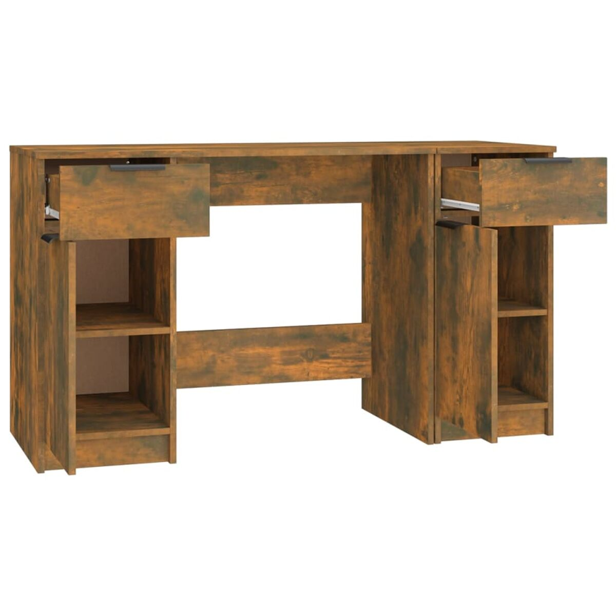 Holzschreibtisch mit Schubladen und offenen Regalen; braune Farbe.