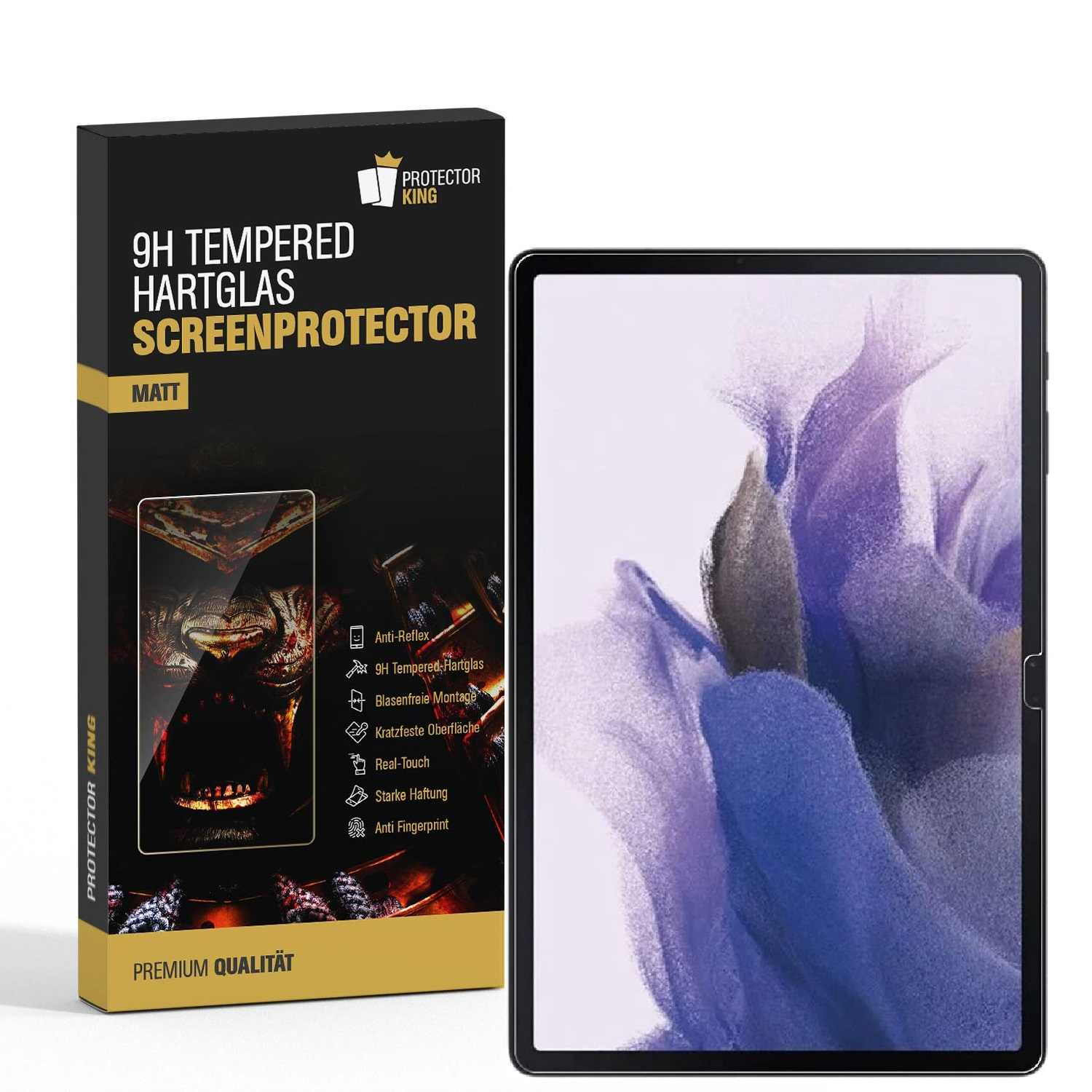 Eine Displayschutzfolienbox und ein Tablet. Die Box ist schwarz mit weißem Text und einem Bild.