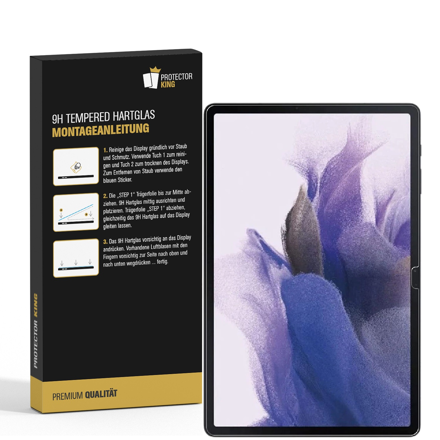 Ein Tablet mit Displayschutzfolie und eine Box mit Anweisungen und Text auf Deutsch.