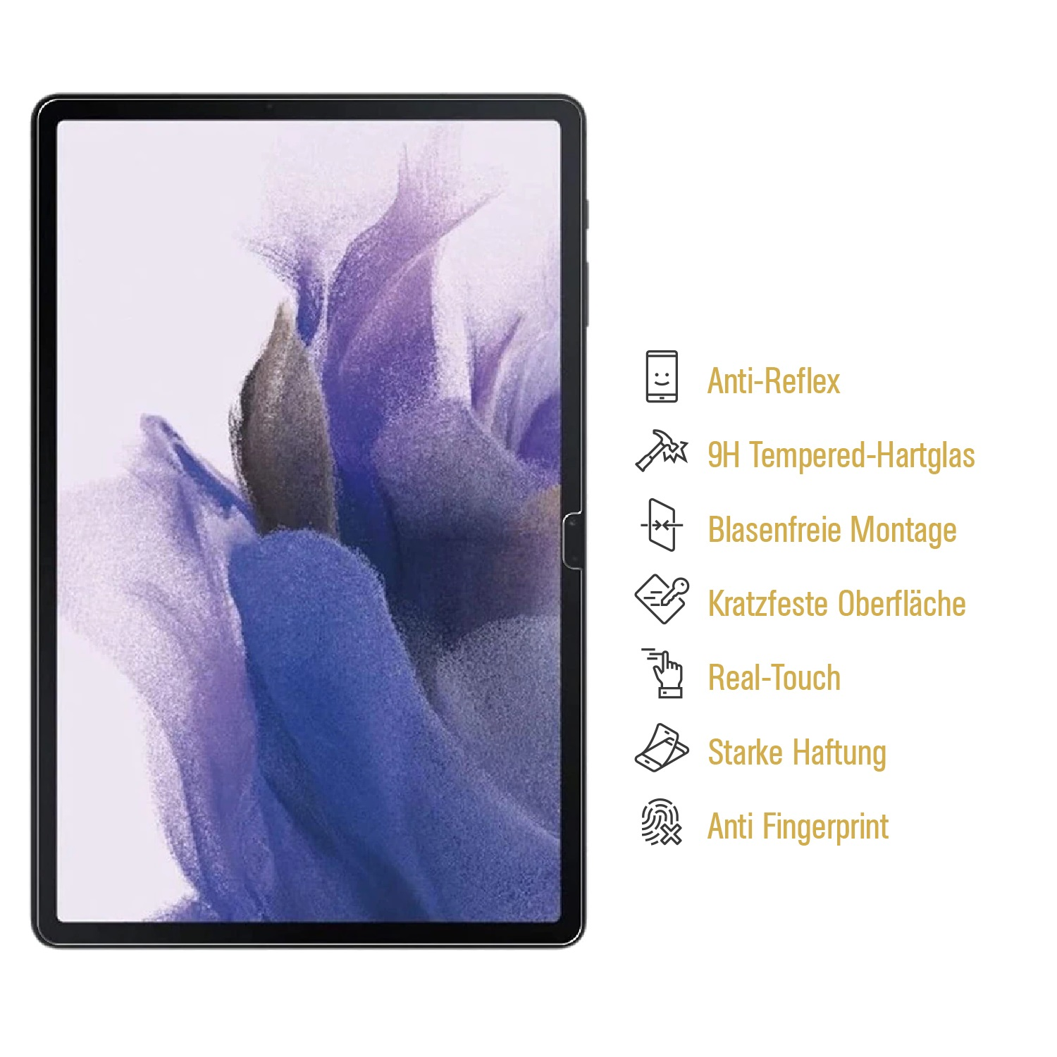 Tablet mit Funktionssymbolen: Anti-Reflex, gehärtetes Glas, Kratzfestigkeit und mehr.