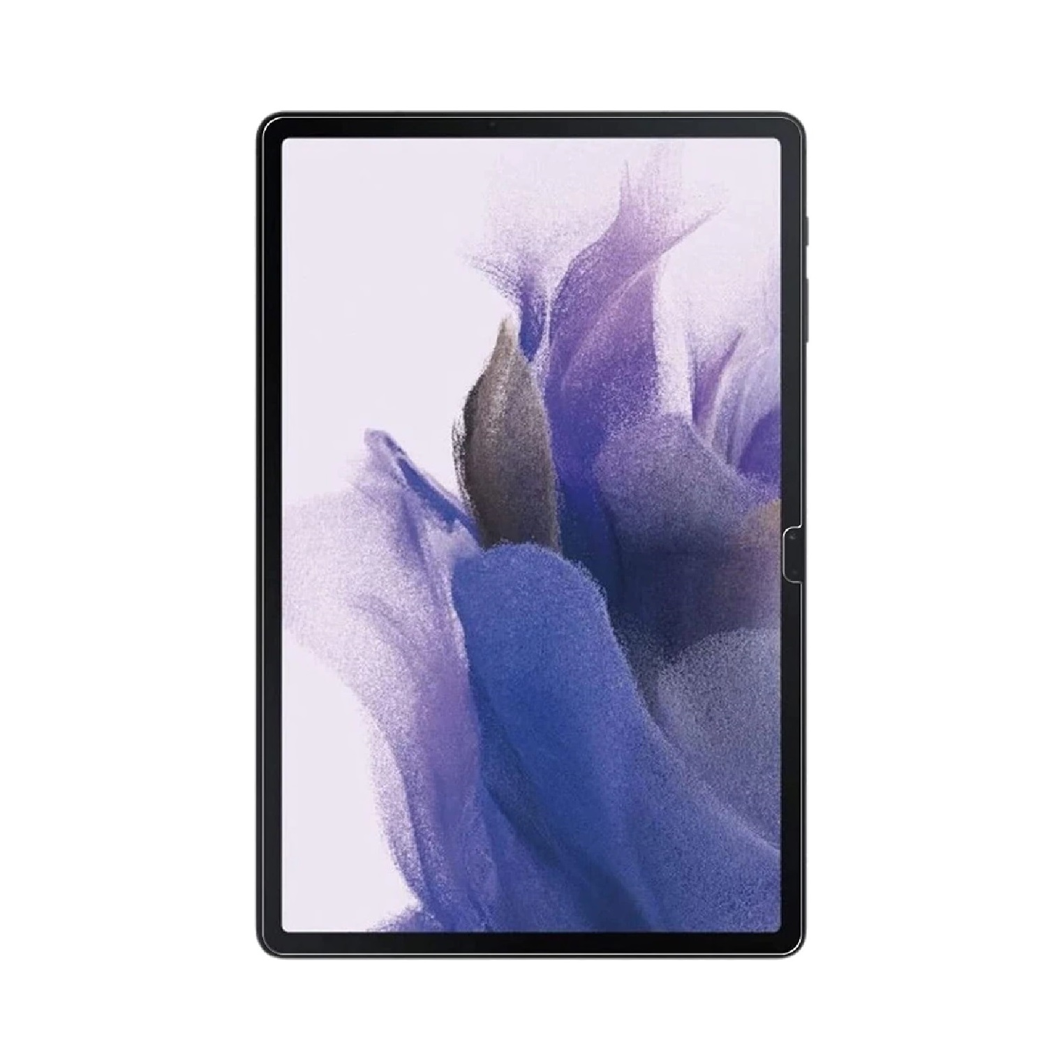 Tablet mit schwarzem Rahmen und Bildschirm, der ein abstraktes lila-blaues Design zeigt.