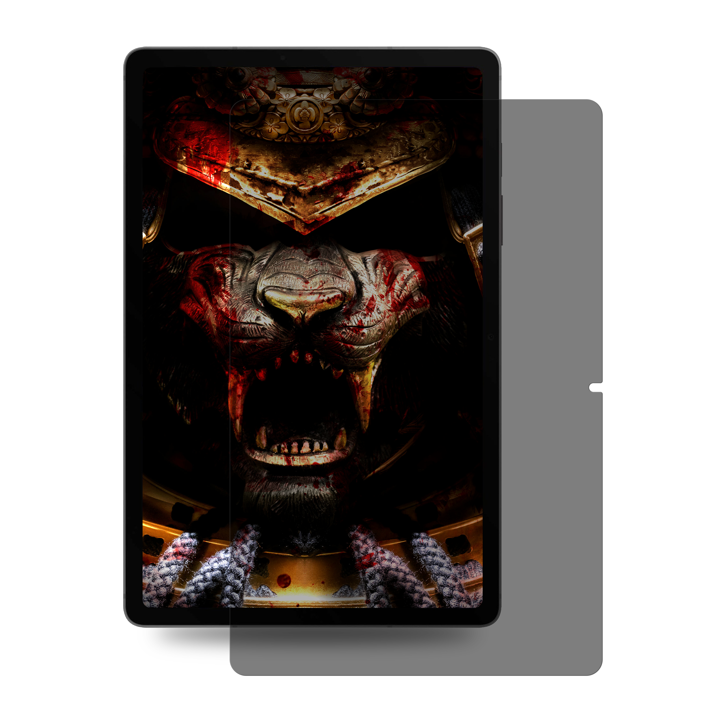 Tablet-Bildschirm mit einem Löwengesicht mit Blut, eine Schutzhülle ist befestigt.