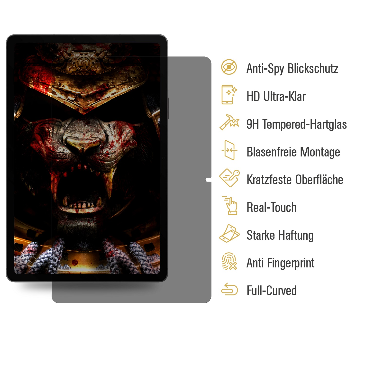 Ein Tablet-Displayschutz mit Textbeschriftungen, die Funktionen beschreiben, und einer Grafik.