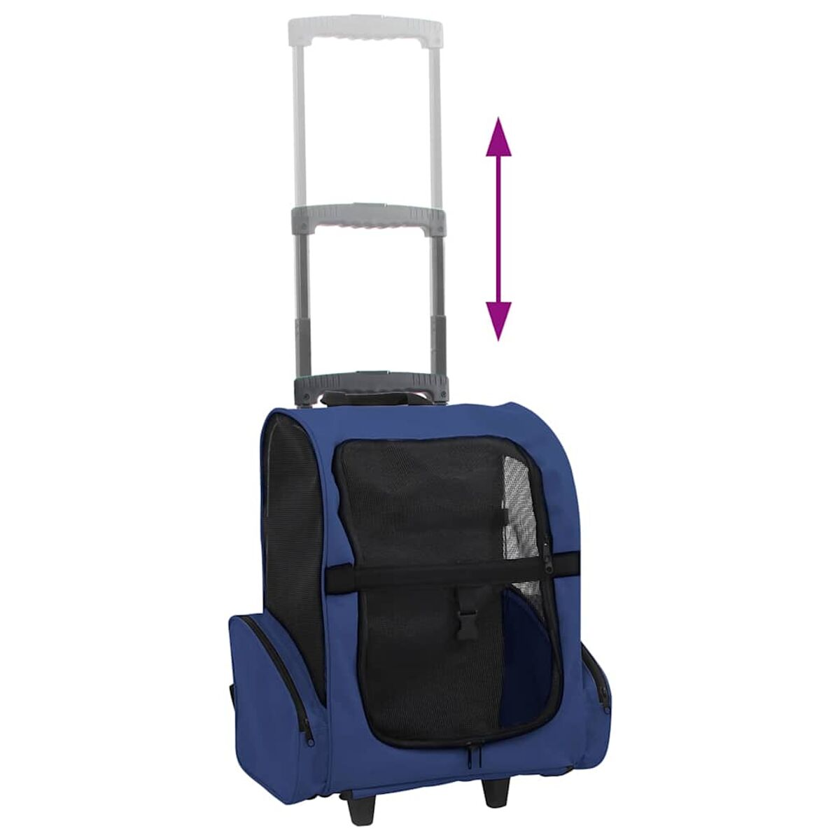 Blauer Tier-Transportroller. Hat einen ausziehbaren Griff und ein schwarzes Netzfenster.