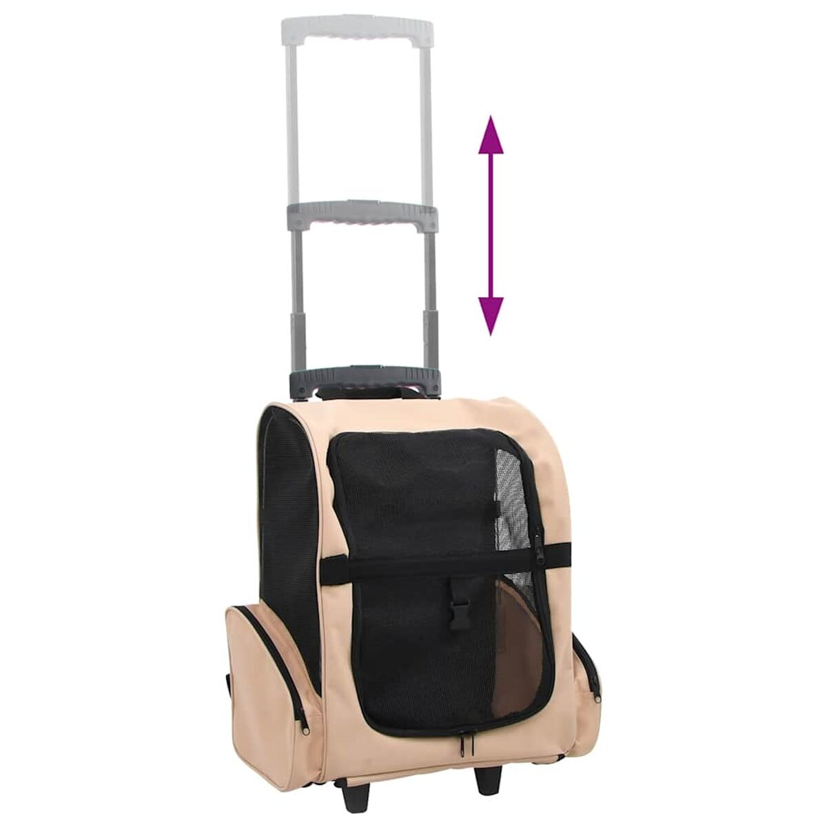 Haustiertragetasche mit Rädern und ausziehbarem Griff, beige Farbe.