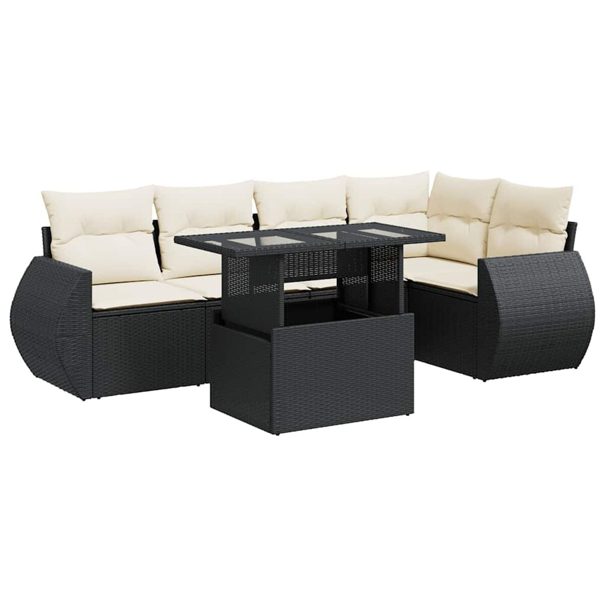 Set di mobili da esterno con tavolo elevabile. Include un divano, un angolo e un tavolo di colore scuro.