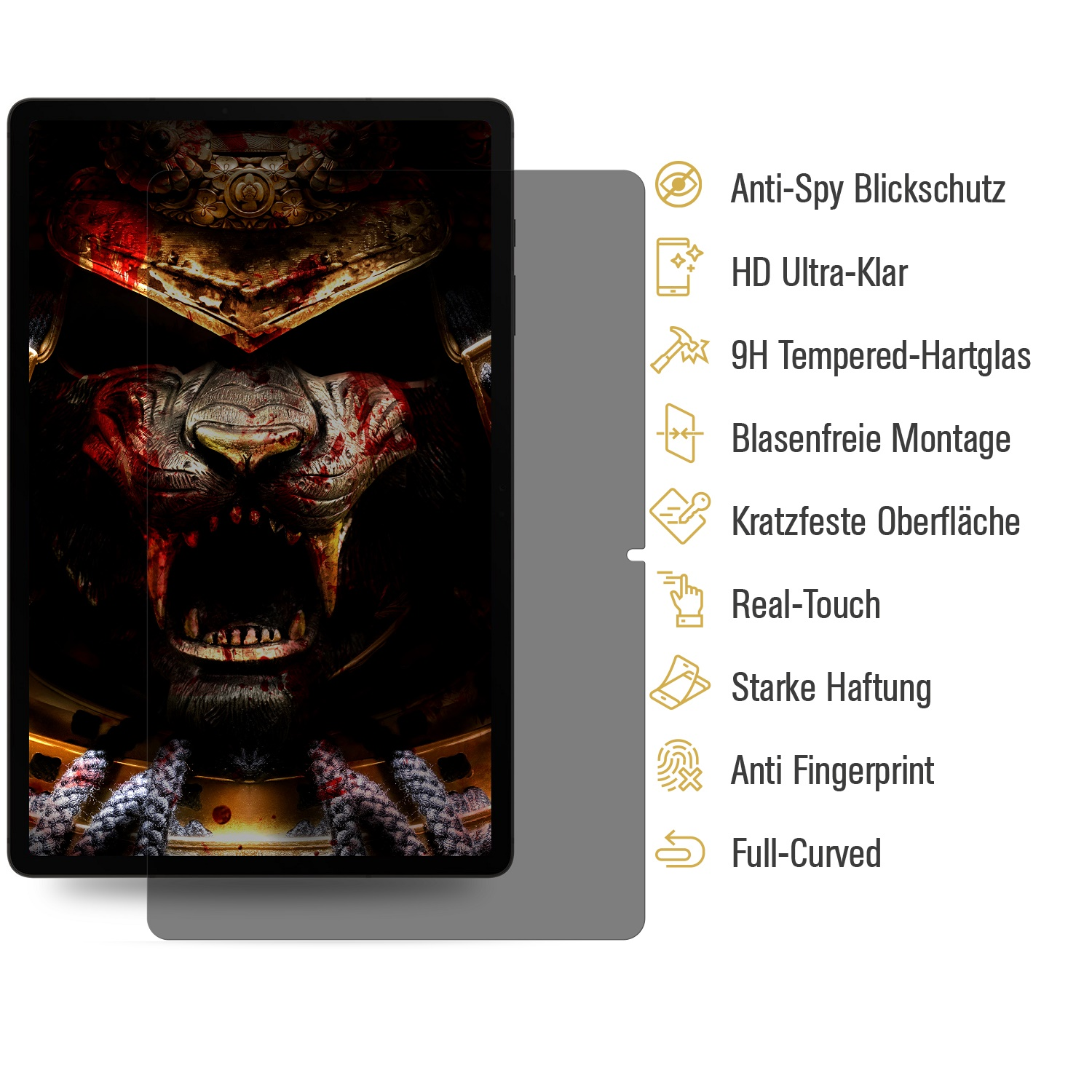 Ein Tablet-Displayschutz mit Textbeschriftungen. Der Bildschirm zeigt ein Kriegerbild hinter dem Schutz.
