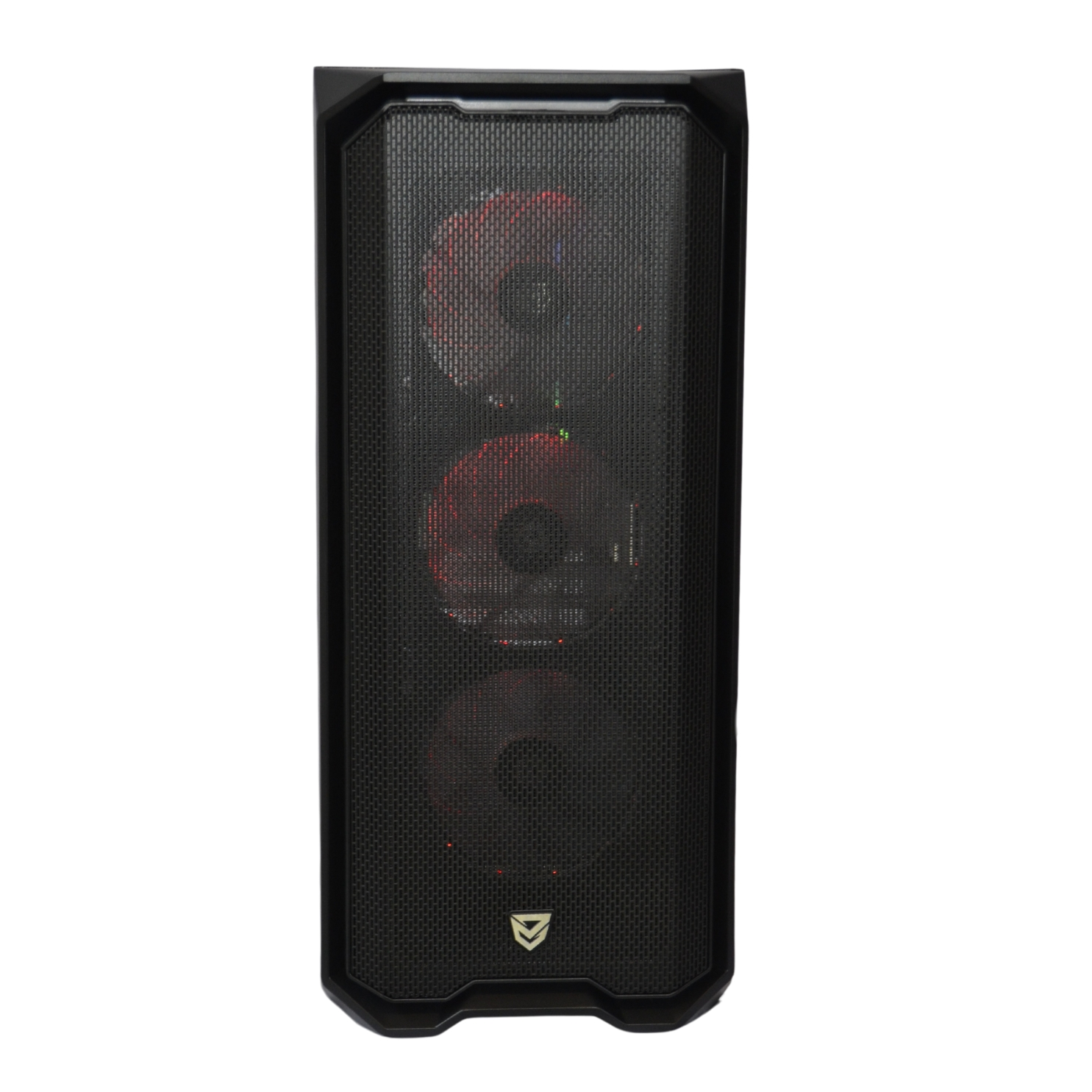 Altavoz negro alto con tres woofers iluminados en rojo visibles detrás de una rejilla de malla.