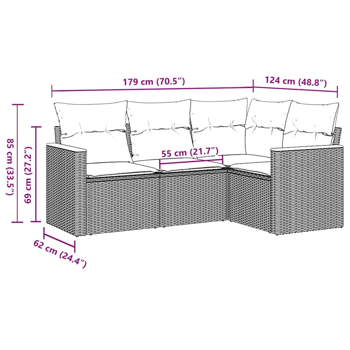 Diagramm mit den Abmessungen eines modularen Gartensofas aus Rattan in Zentimetern.
