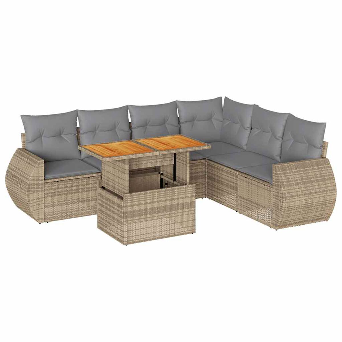 Mobili da esterno in vimini beige con tavolo in legno e cuscini grigi.