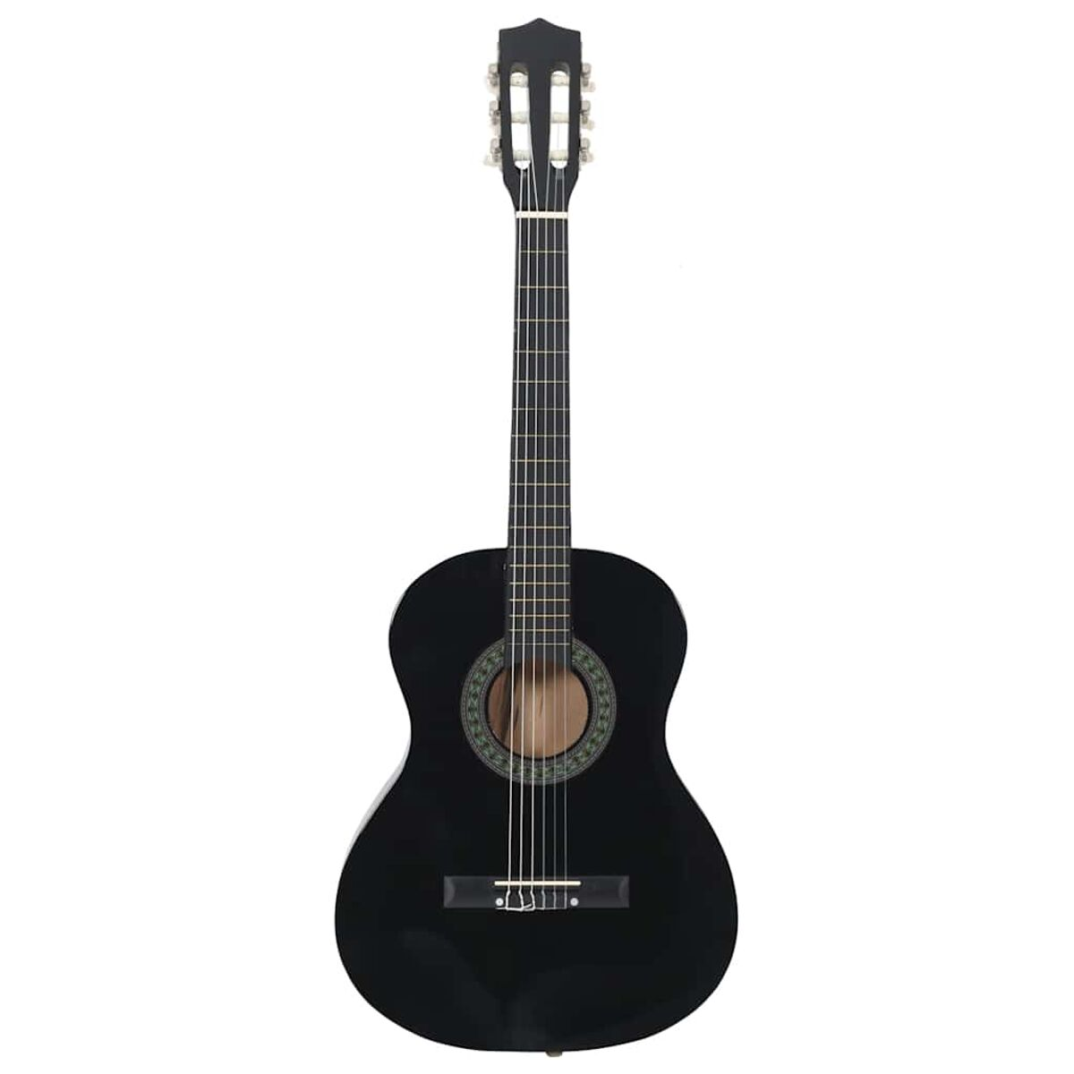 Schwarze Akustikgitarre mit rundem Schallloch und Saiten.