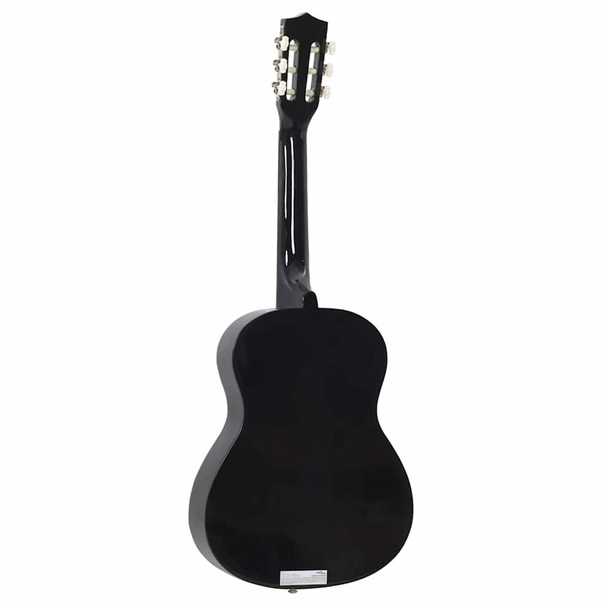 Schwarze klassische Gitarre, Rückansicht. Die Gitarre hat ein glänzendes Finish.
