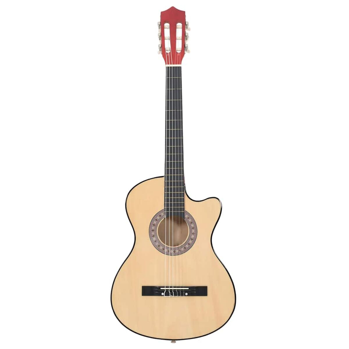 Akustikgitarre. Heller Holzkörper, rotes Kopfstück, schwarzes Griffbrett und Saiten. Weißer Hintergrund.
