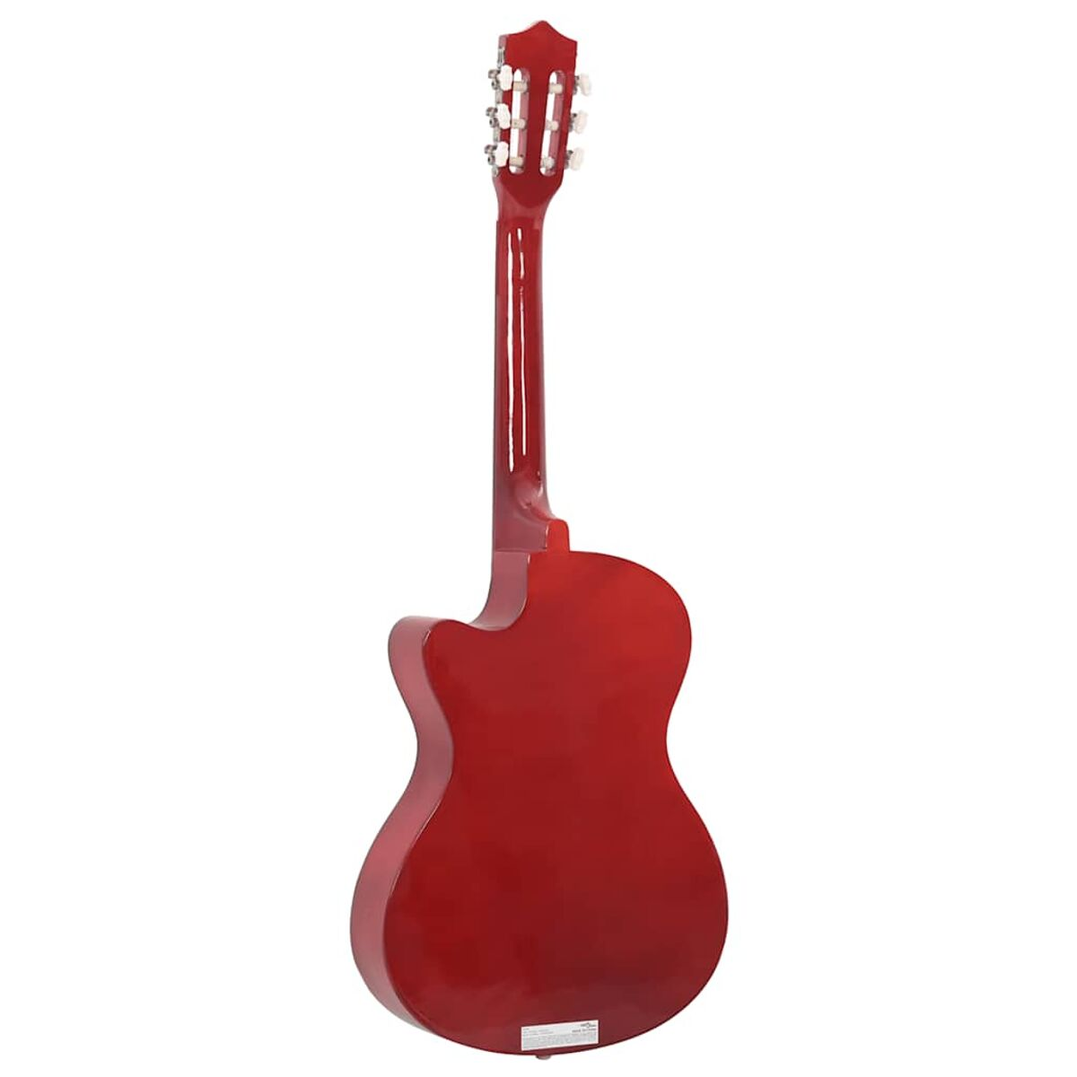 Rote Akustikgitarre, Rückansicht, mit weißen Stimmwirbeln.