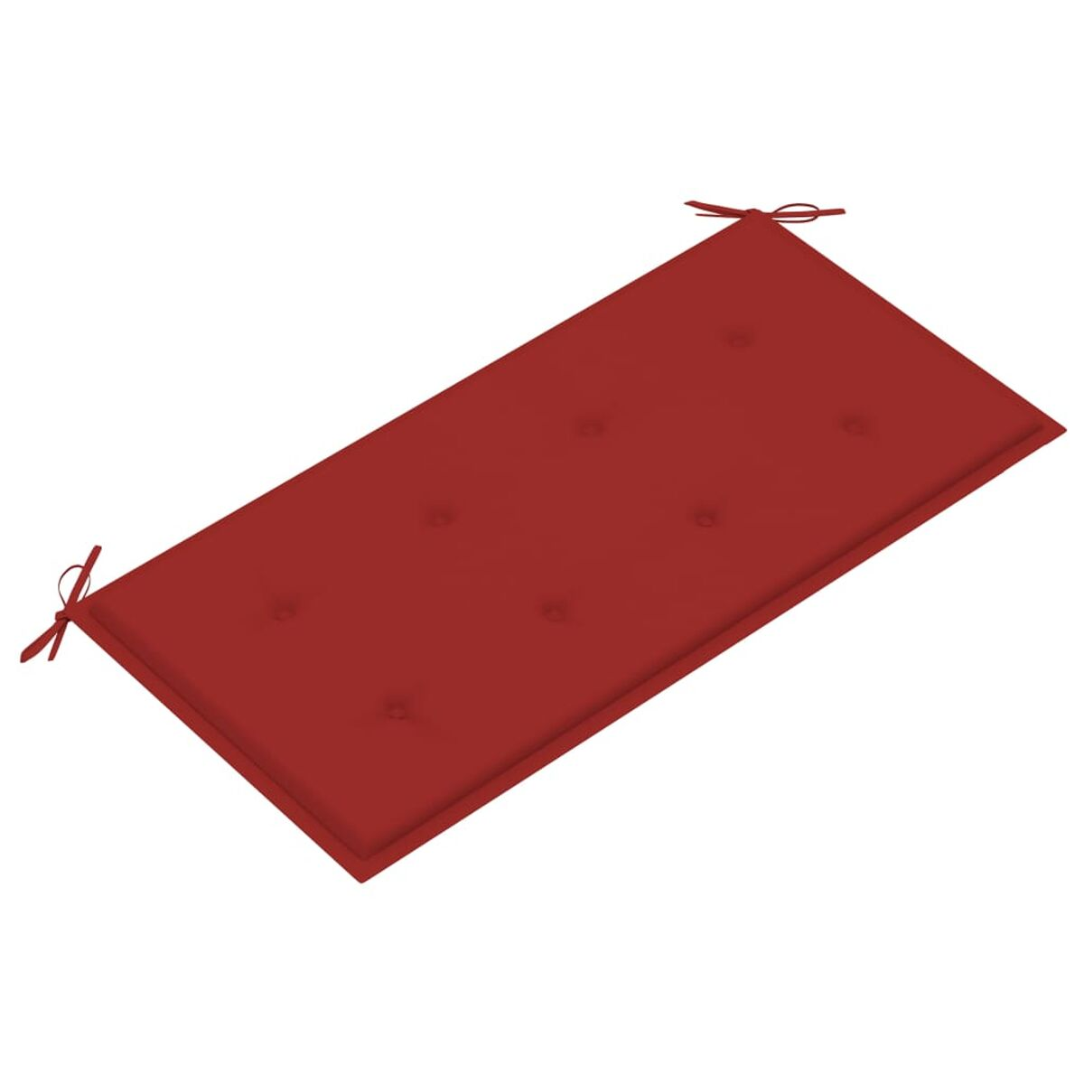 Rotes rechteckiges Kissen mit Knopfheften und Bindebändern an den Ecken.