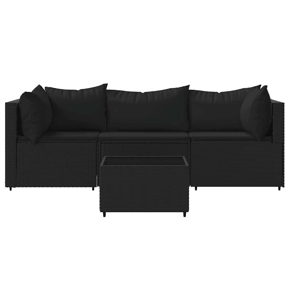 Schwarzes Korbssofa mit schwarzem Couchtisch. Ein einfaches, modernes Sitzset für draußen.