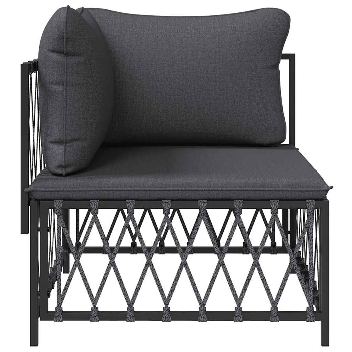 Modernes Sofa aus schwarzem Metall und grauen Kissen mit einem Armlehne.