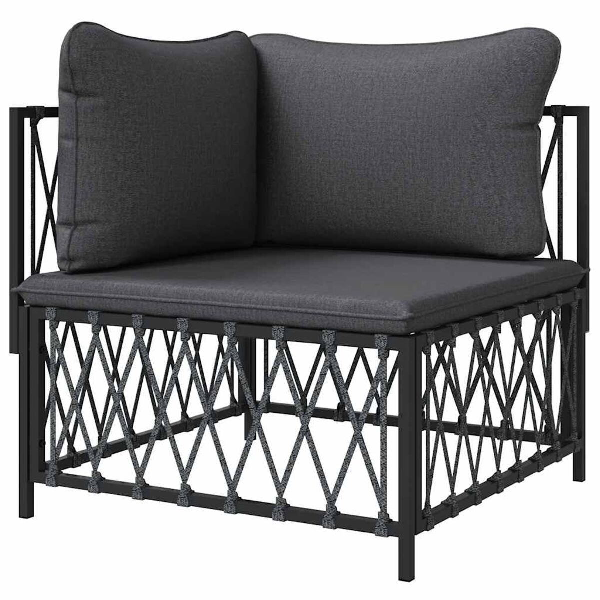Schwarzer Outdoor-Eckstuhl. Der Stuhl hat ein Metallgestell mit Seildetails.