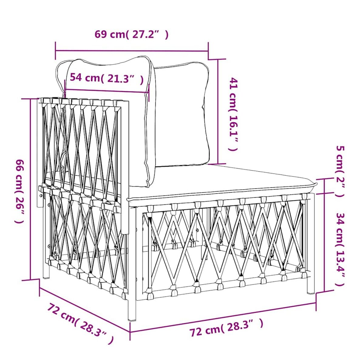 Ein Diagramm eines Ecksofas für den Außenbereich mit Abmessungen in Zentimetern.
