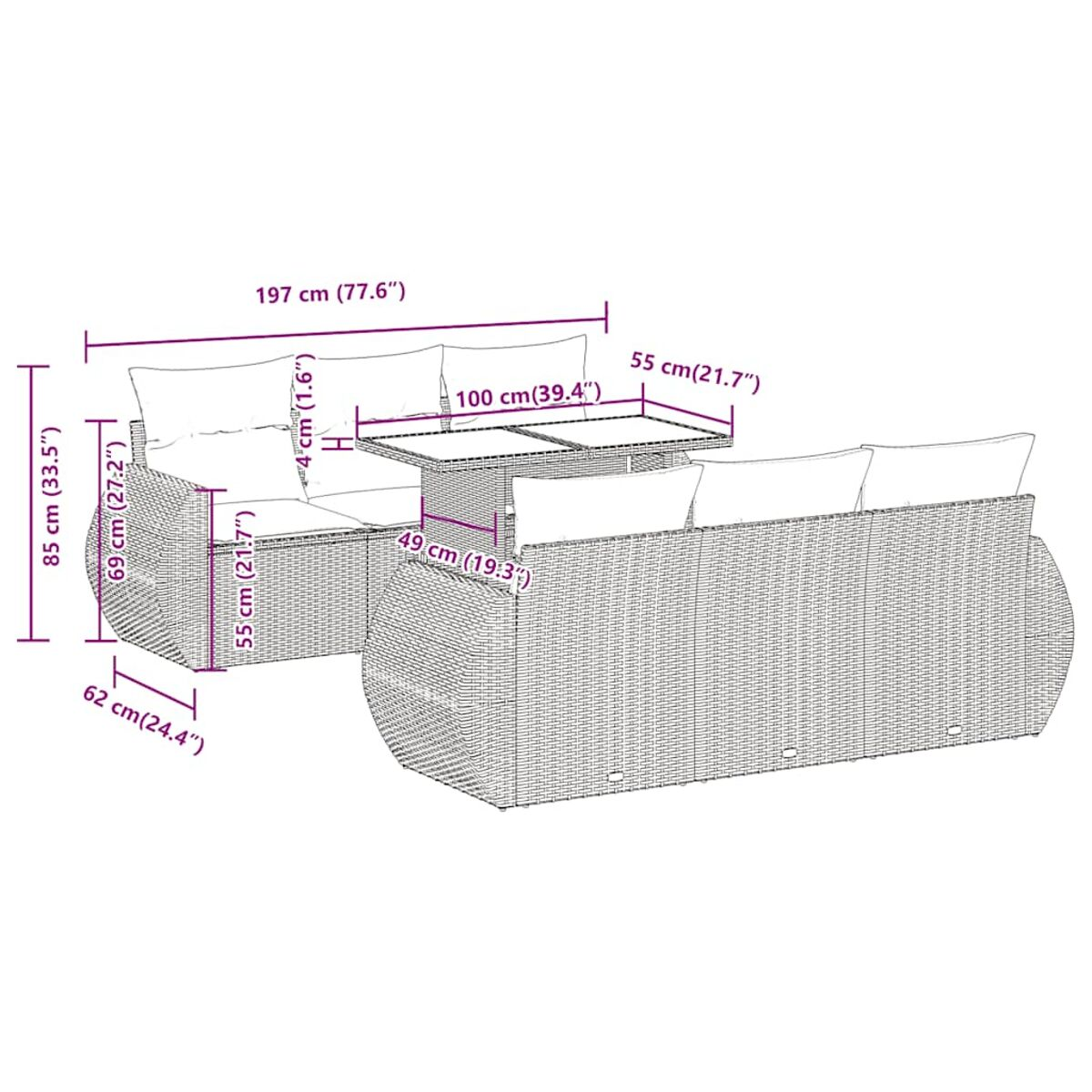 Geflochtenes Outdoor-Ecksofa mit Kissen und einem Tisch. Abmessungen werden angezeigt.