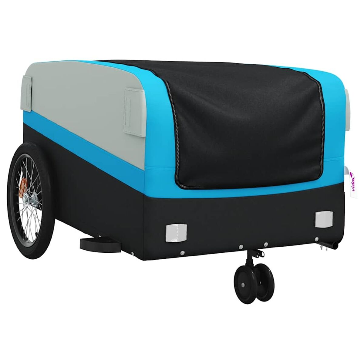 Blau-schwarzer Hundeanhänger mit einem Rad.