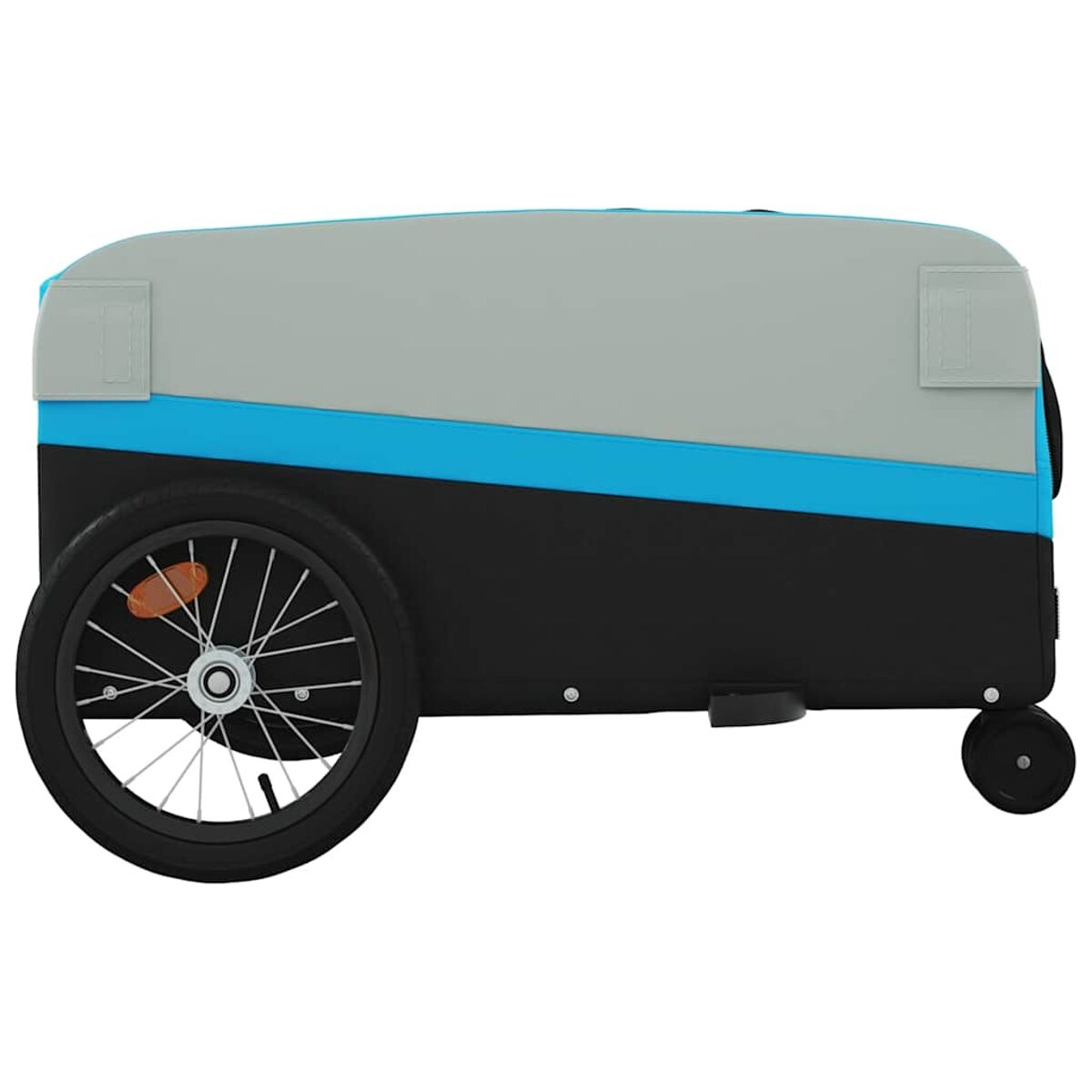 Blau-grauer Fahrradanhänger mit schwarzem Rad und kleinem Stützrad.