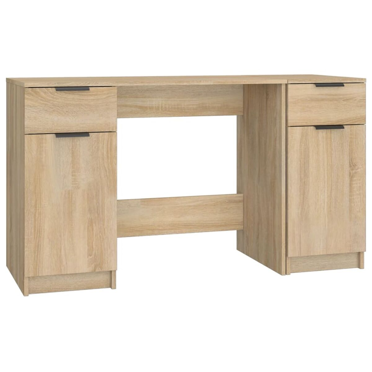 Ein hellbrauner Holzschreibtisch mit zwei Schubladen auf jeder Seite und einem offenen Bereich.