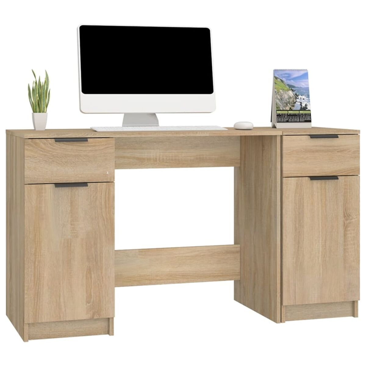 Holzschreibtisch mit Computer, Pflanze und Kalender. Zwei Schubladen.
