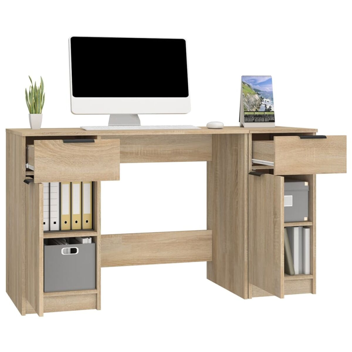 Holzschreibtisch mit Schubladen, Regalen und einem Computer-Setup, einschließlich Monitor, Maus und Kalender.
