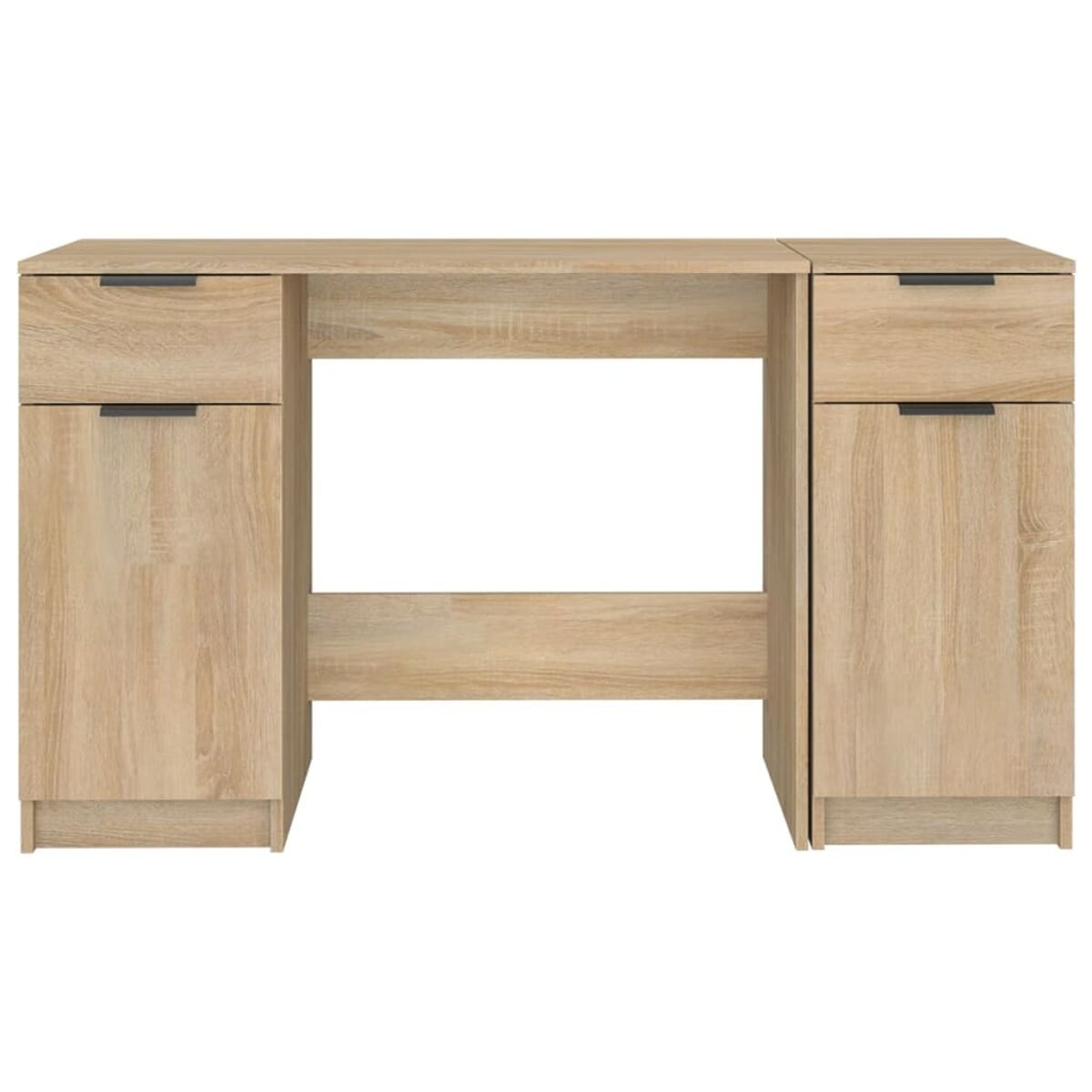Holzschreibtisch mit Schubladen, helles Holz.
