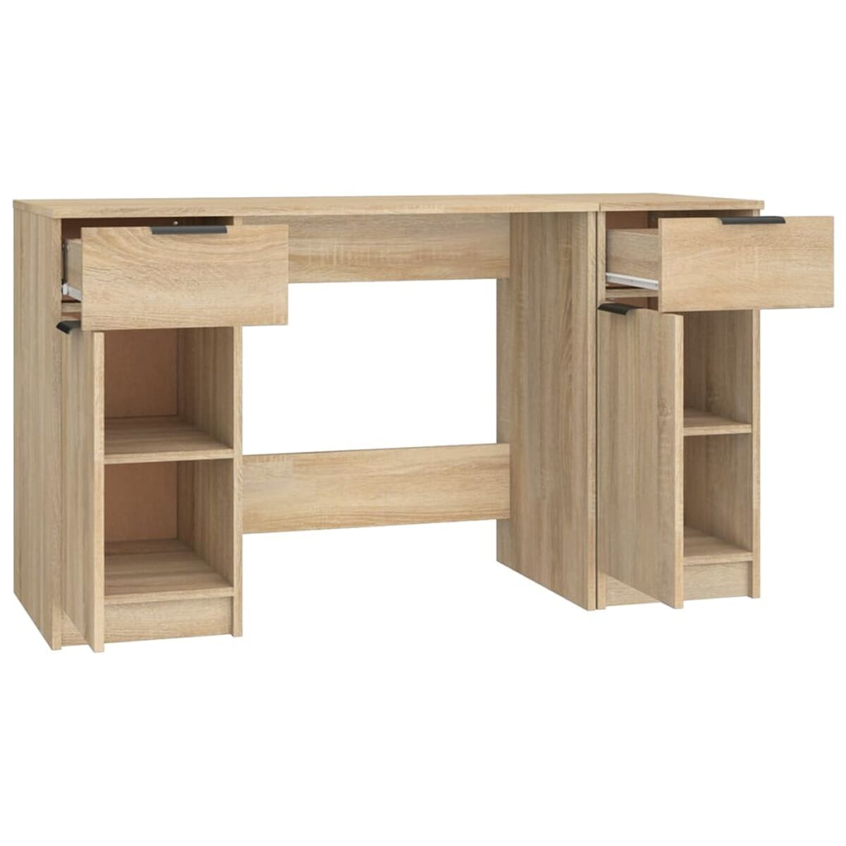 Holzschreibtisch mit Schubladen und offenen Regalen, hellbraune Farbe.