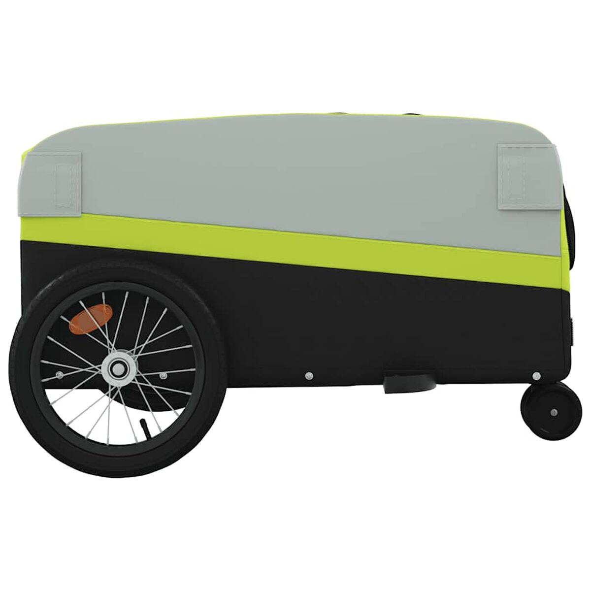 Schwarz-grauer Fahrradanhänger mit gelbem Streifen. Verfügt über ein Rad und einen Griff.