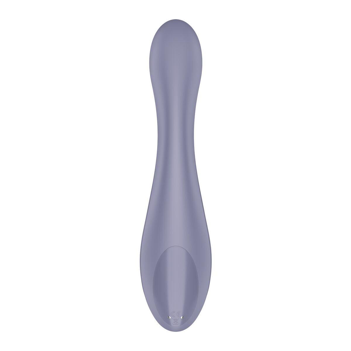 Un juguete sexual liso de color púrpura sobre un fondo blanco liso.