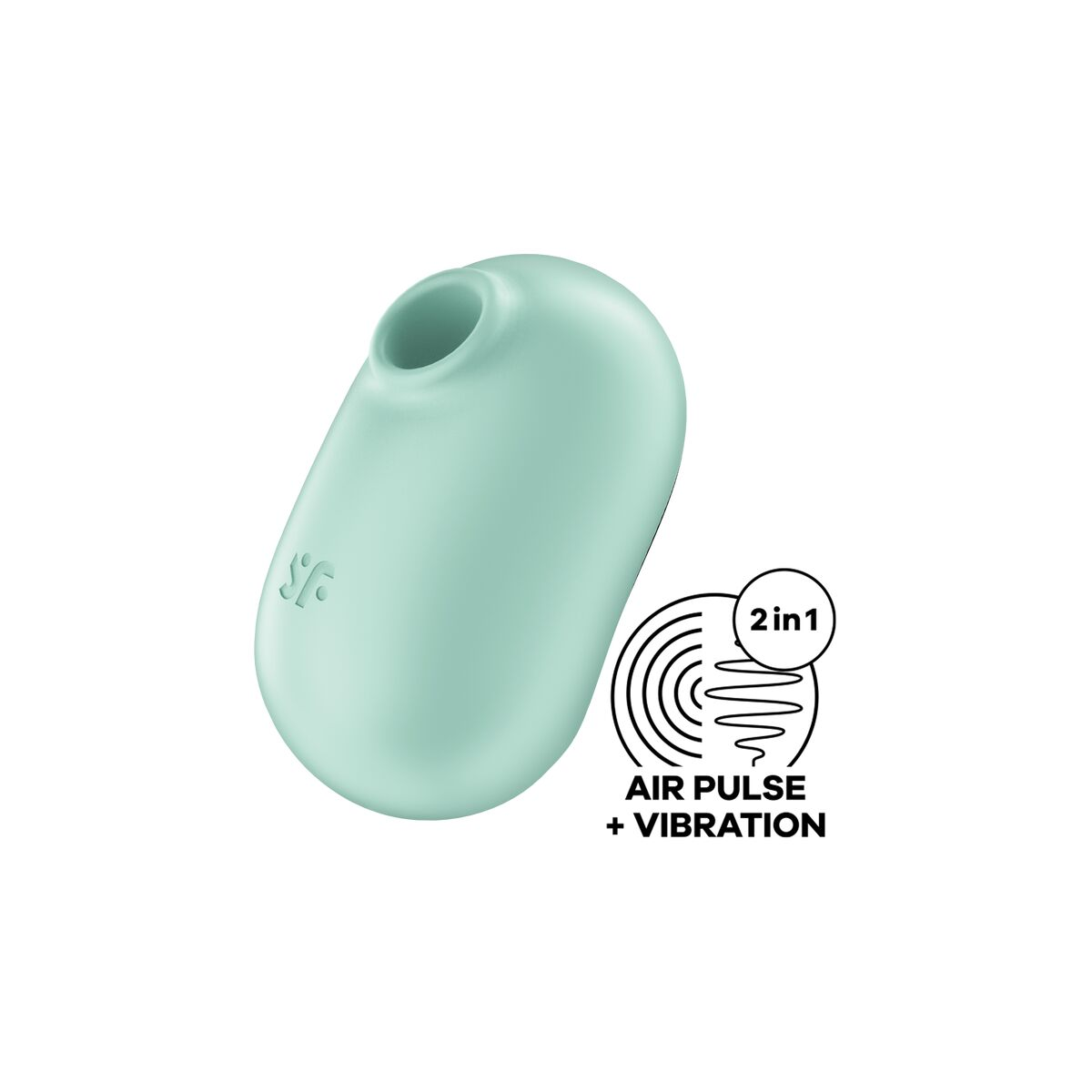 Un juguete sexual verde menta con un logotipo y un gráfico de pulso de aire y vibración.
