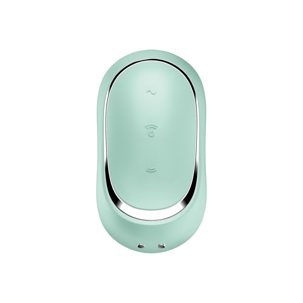 Dispositivo de belleza ovalado verde menta con borde plateado y tres botones. Vista superior.