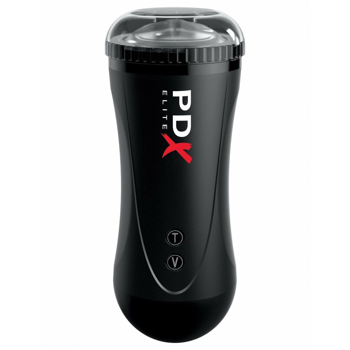 Schwarzes PDX Elite Sexspielzeug mit durchsichtigem Deckel und Knöpfen. Text: PDX ELITE.