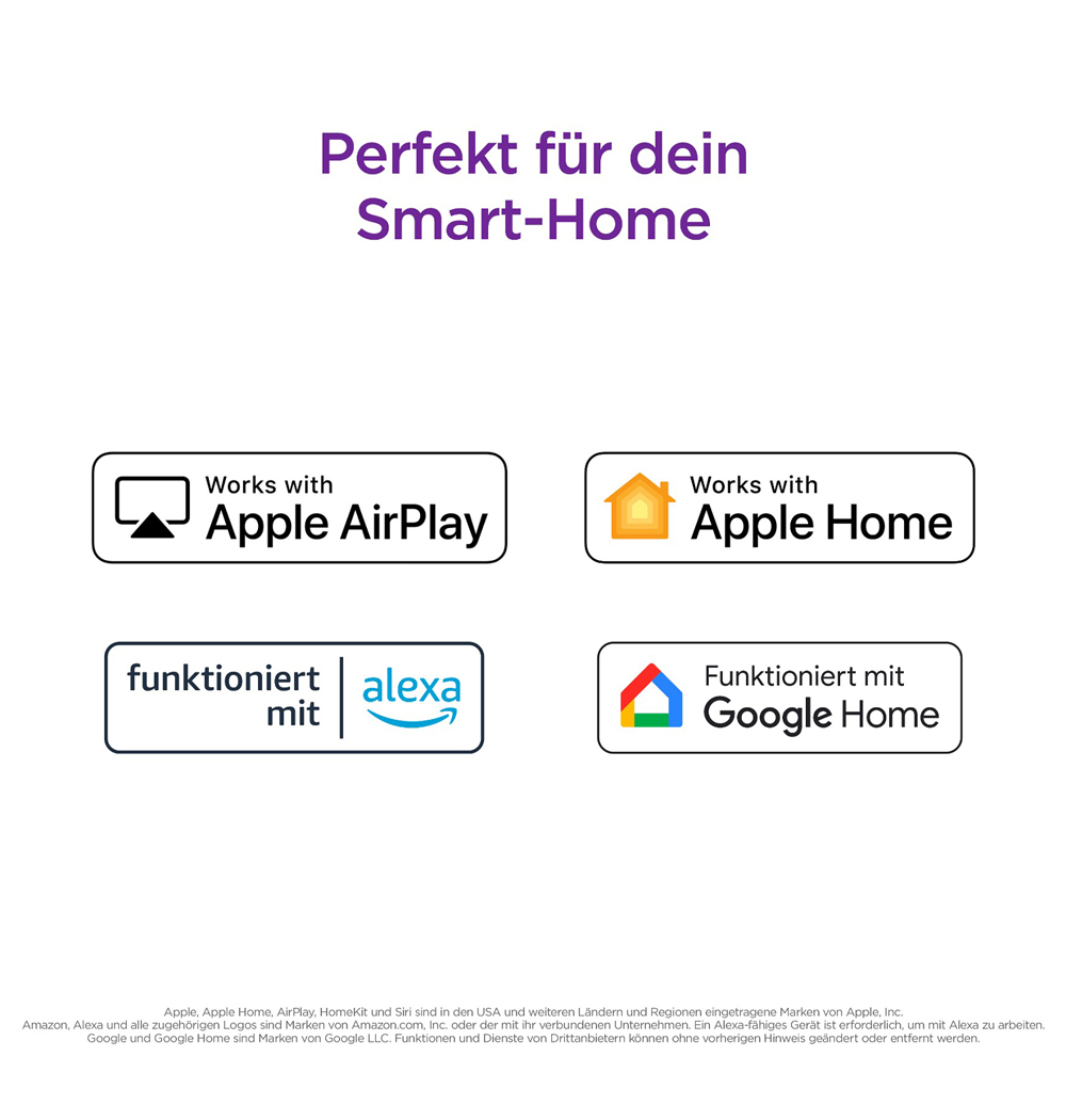 Vier Symbole: AirPlay, Apple Home, Alexa und Google Home werden auf weißem Hintergrund angezeigt.