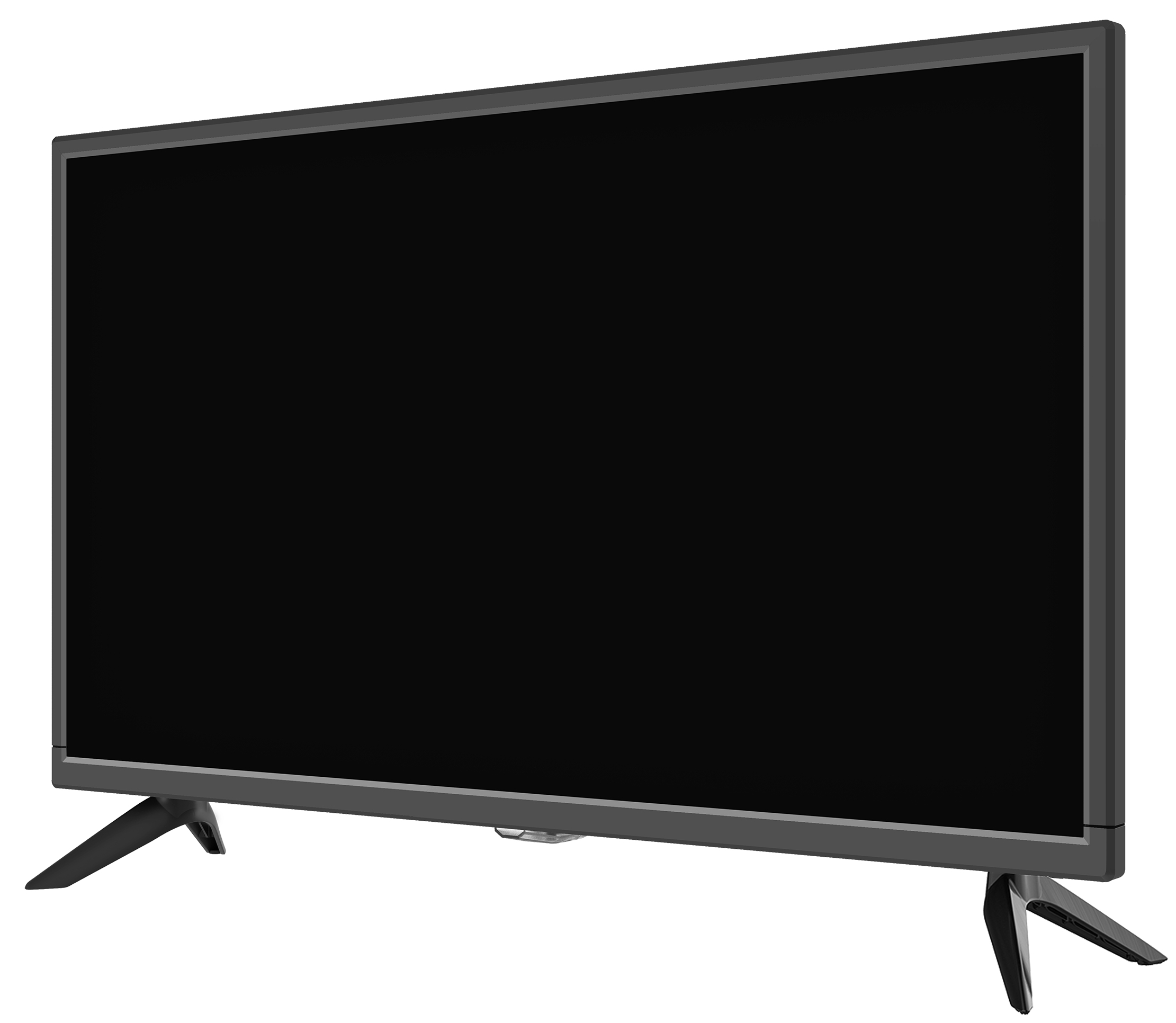 Czarny telewizor z czarną ramą i dwoma czarnymi nogami na białym tle.