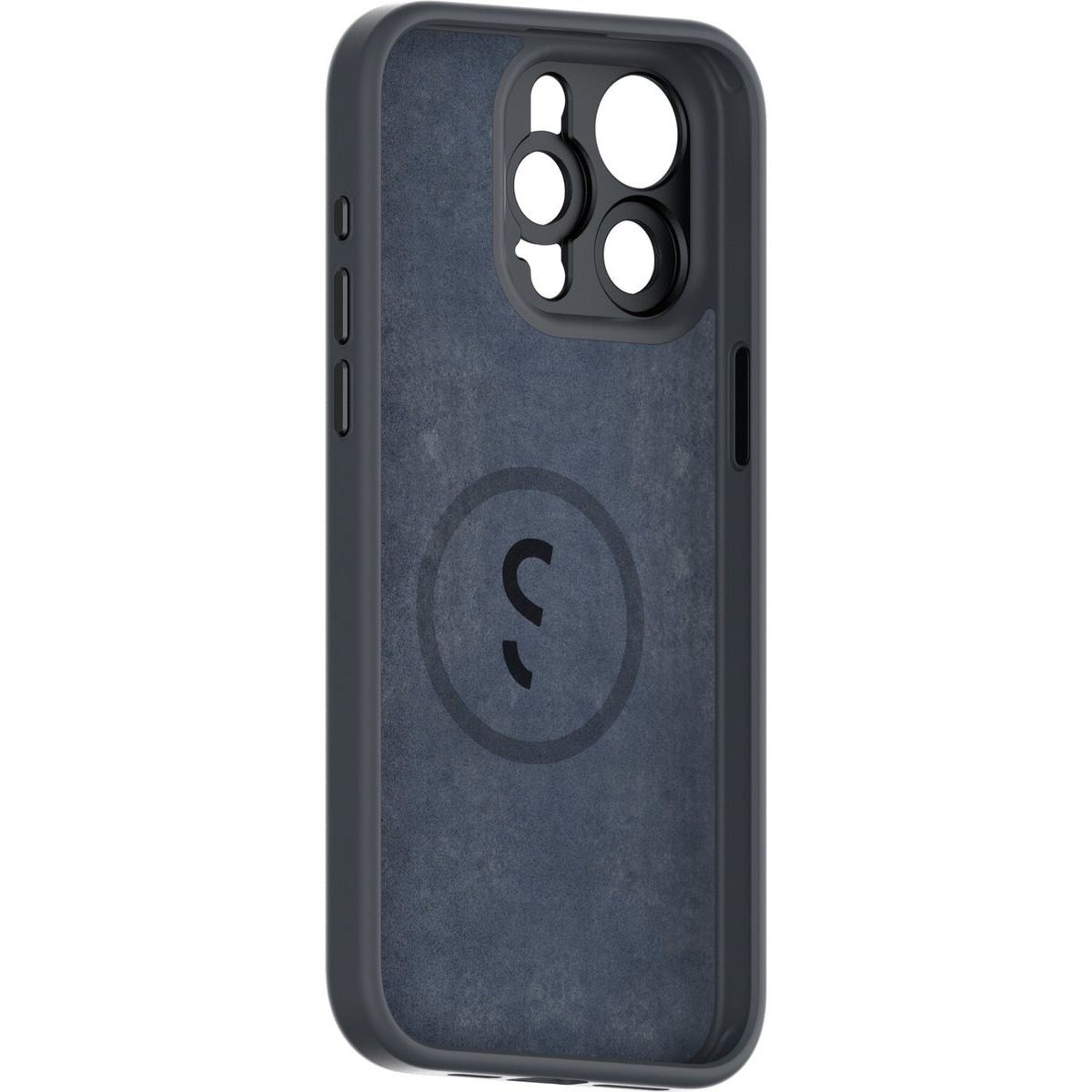 Siyah kamera kesimi ve logolu koyu gri telefon kılıfı.