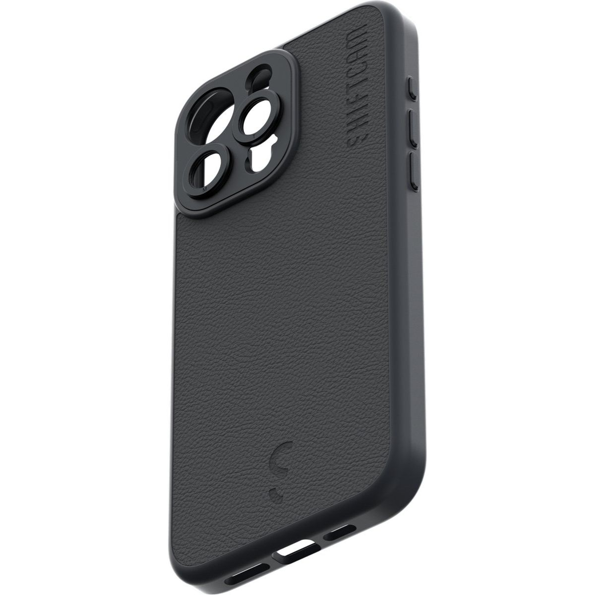 Lens koruyuculu siyah telefon kılıfı. Kılıf dokulu bir yüzeye ve bir logoya sahip.