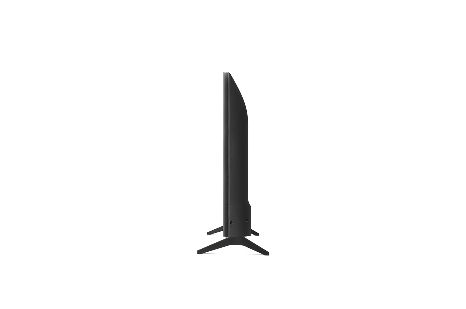 Vista laterale nera di una TV su sfondo bianco, con un design minimalista.