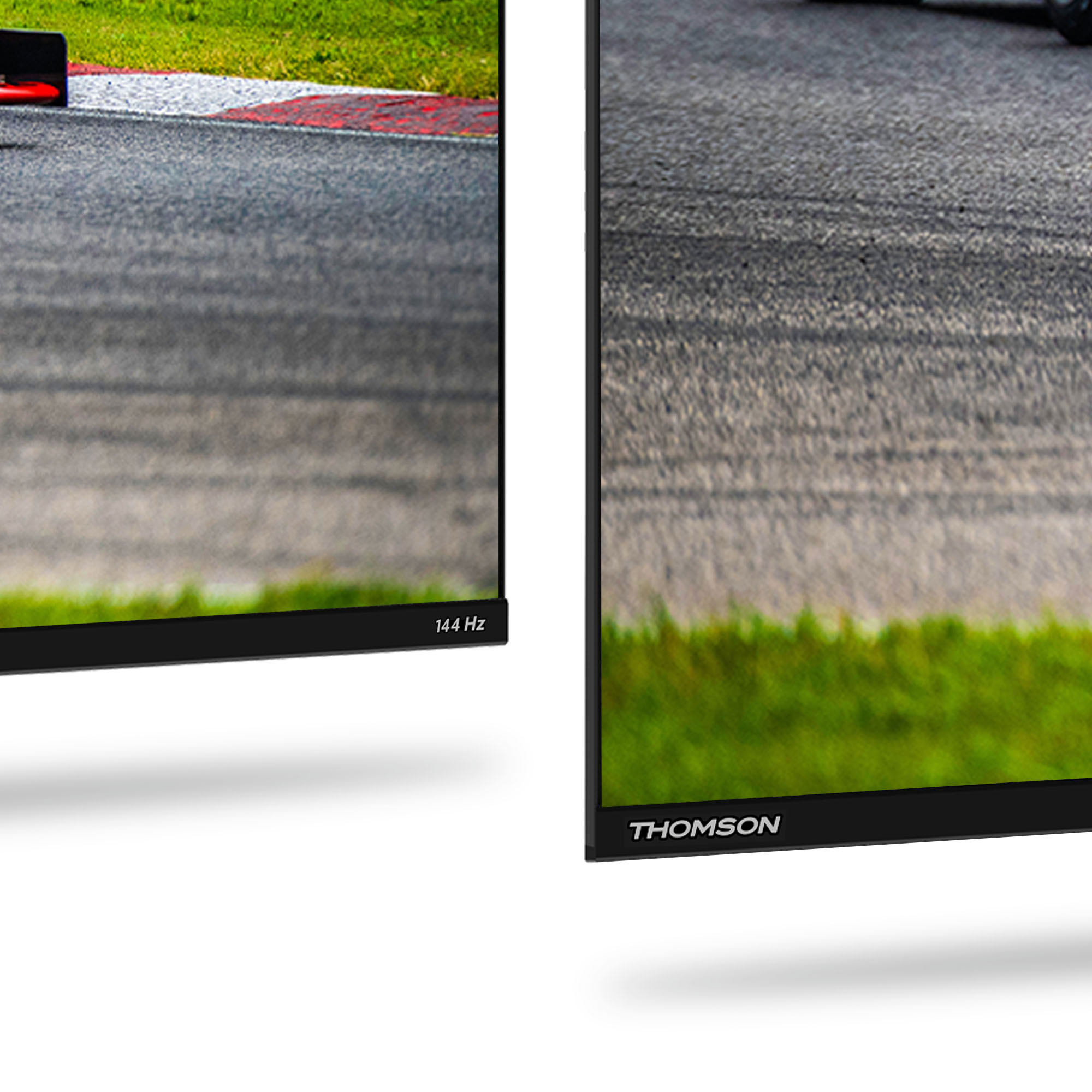 Zwei Fernseher zeigen eine Rennstrecke. Einer hat '144 Hz' darauf.