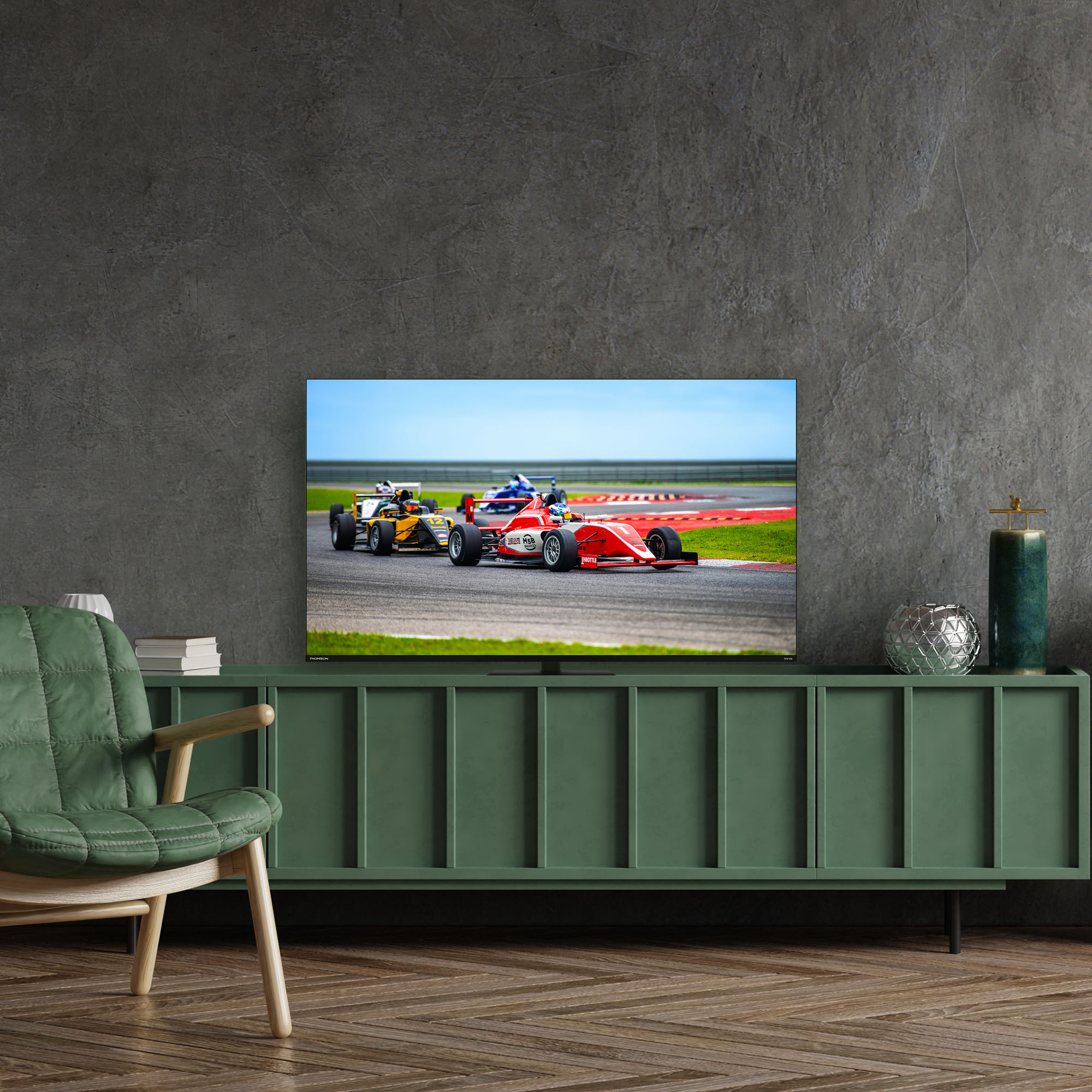 OLED-TV, das eine Stadtlandschaft bei Nacht zeigt. Text: 'Tiefe Kontraste und lebendige Farben'.
