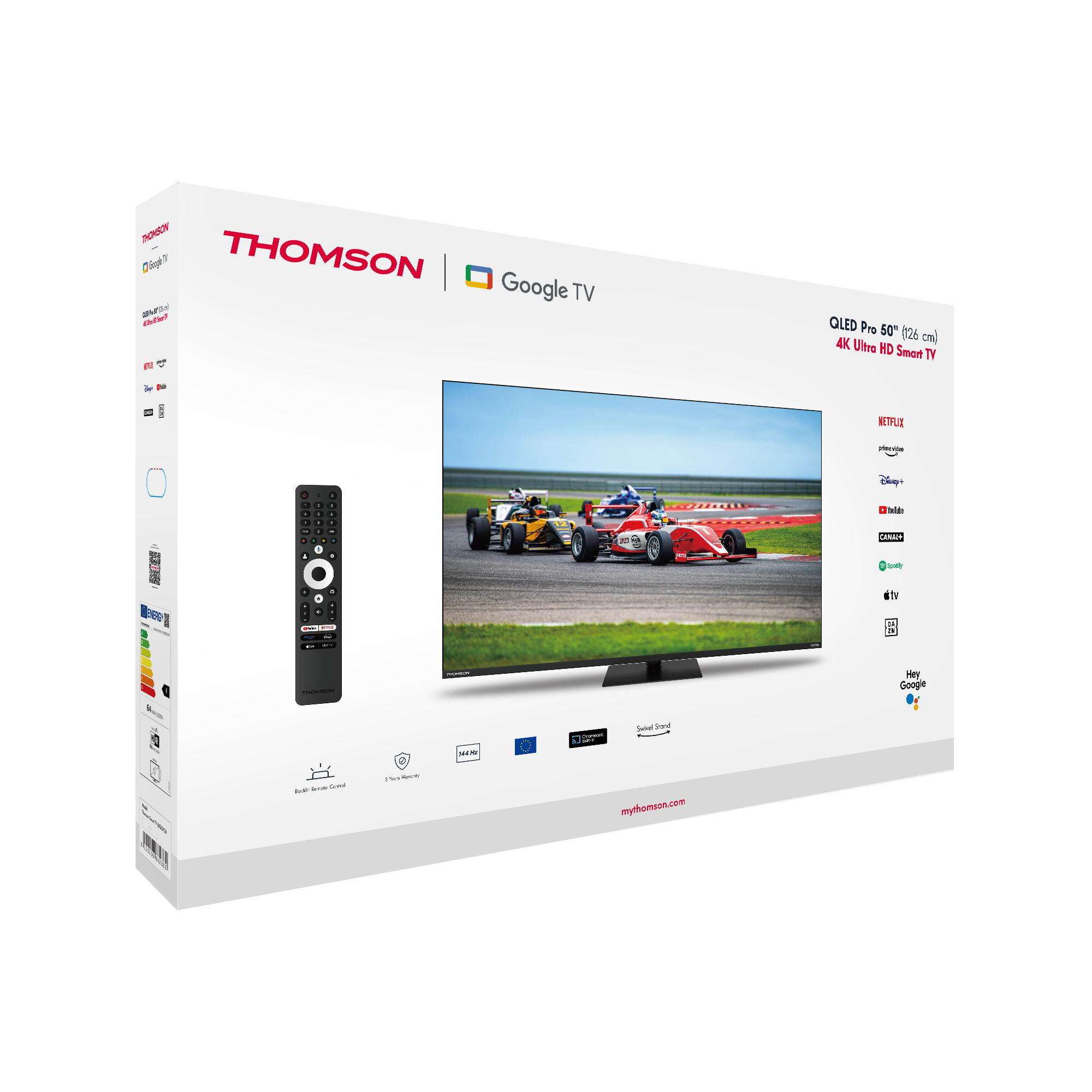 Thomson Google TV-Box mit Fernseher, Fernbedienung und Icons. Rennsport.
