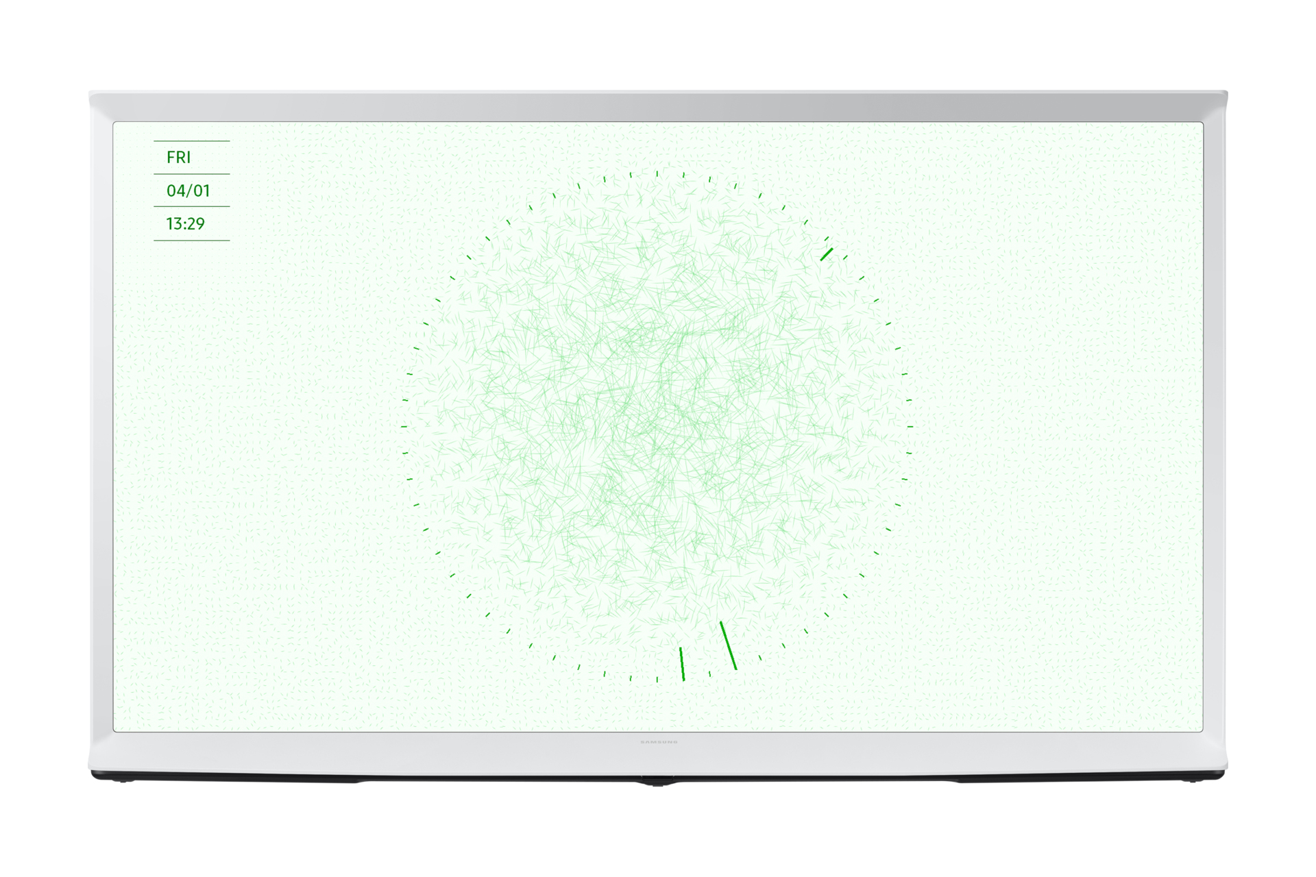 Biały ekran telewizora wyświetla zegar cyfrowy.