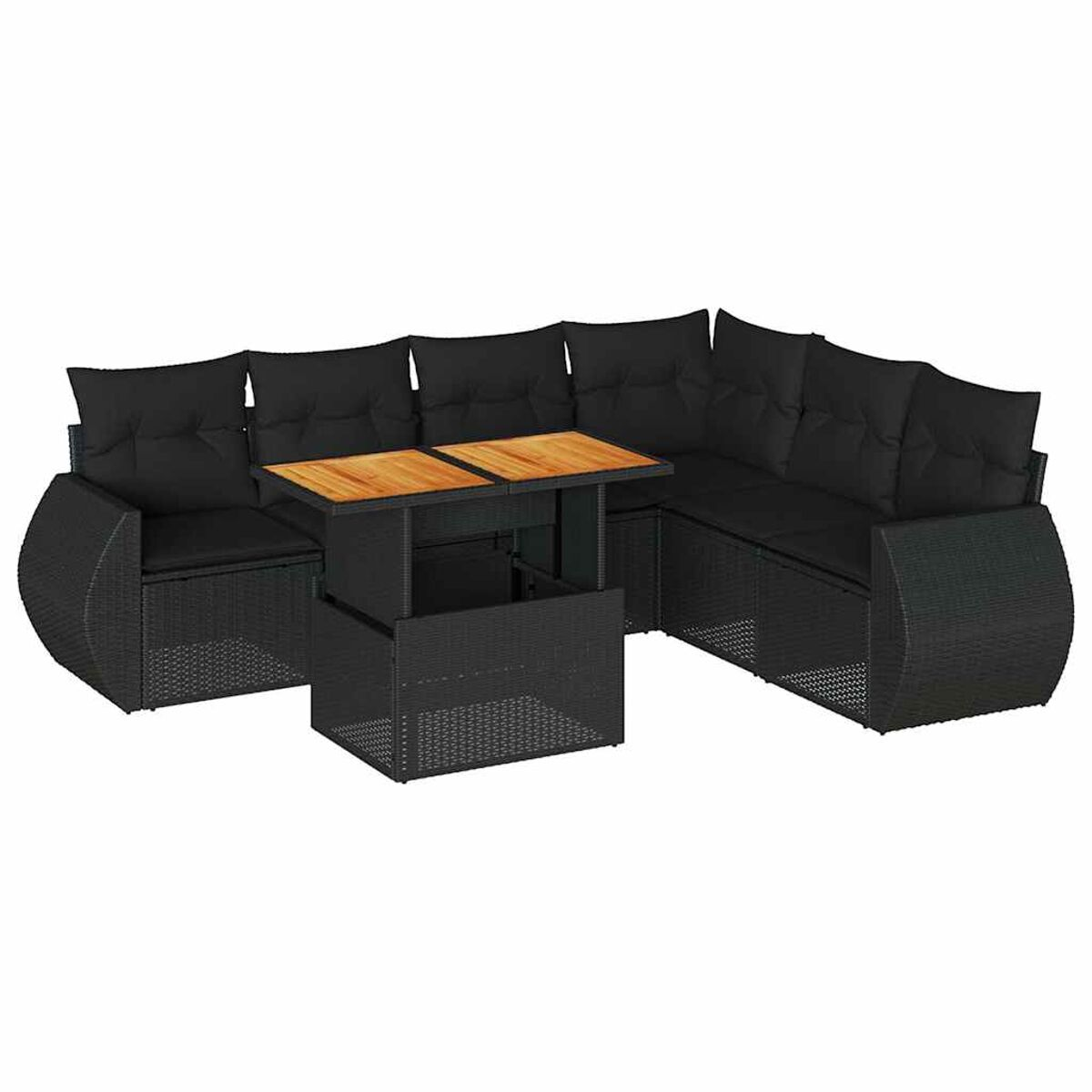 Divano angolare nero da esterno in rattan con tavolo in legno su sfondo bianco.