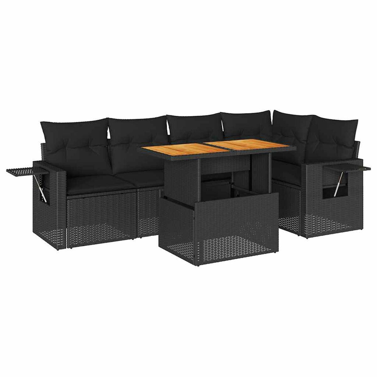 Set di mobili da esterno in rattan nero con tavolo elevabile e cuscini neri. Sfondo bianco.