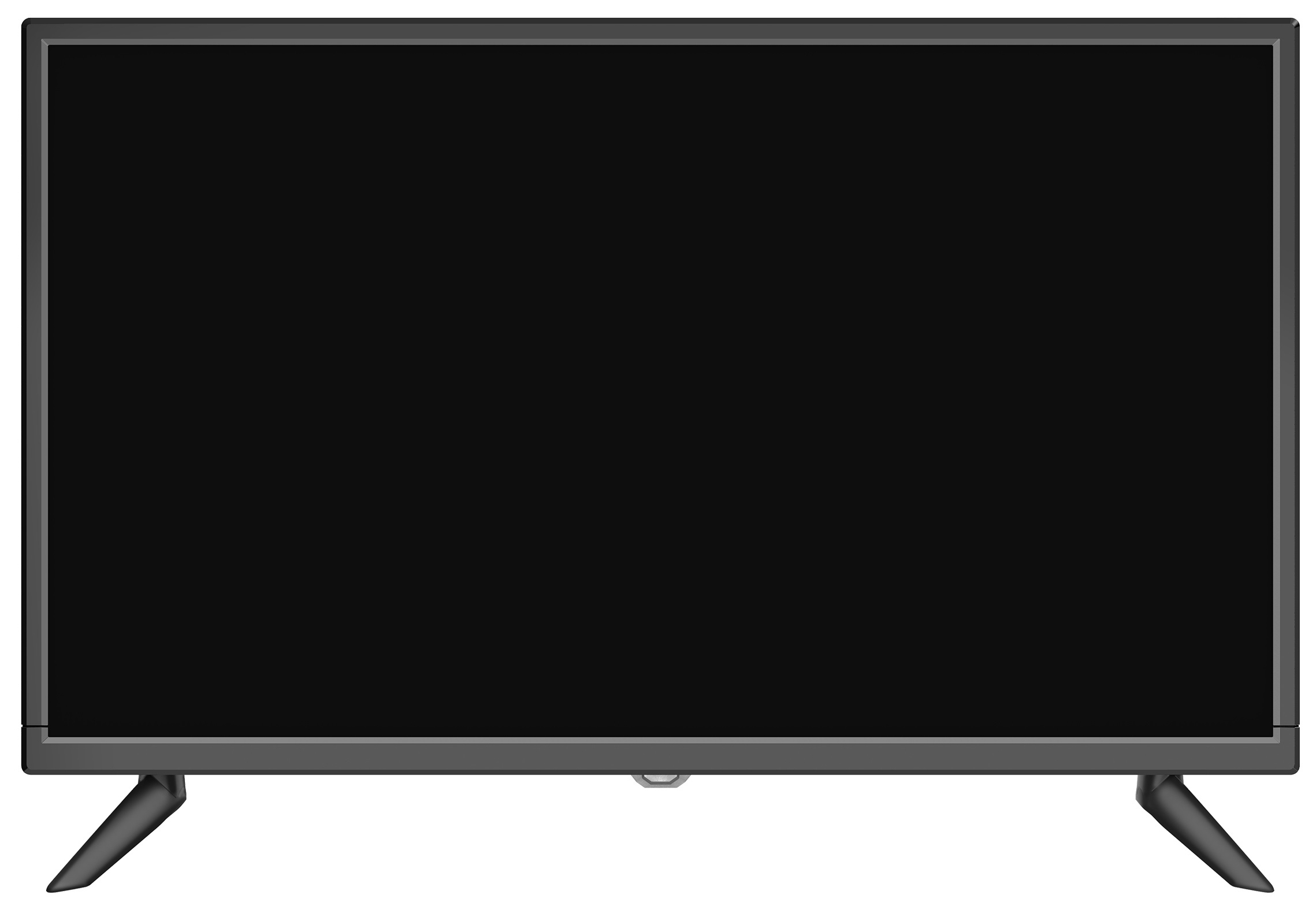 Ein schwarzer Flachbildfernseher mit grauem Rahmen und Beinen.