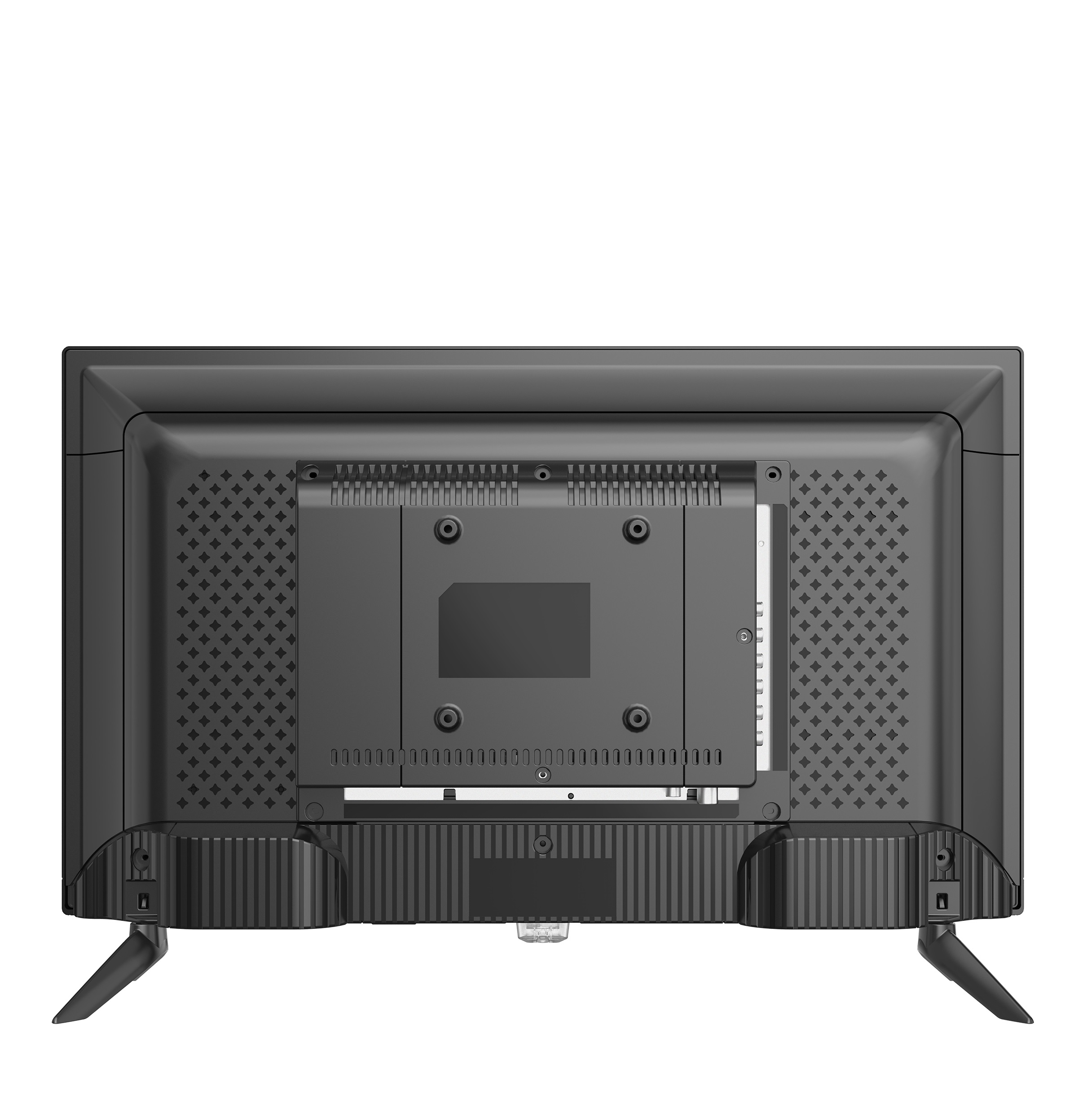 Rückansicht eines schwarzen Fernsehers mit Beinen, die Rückwand mit Anschlüssen zeigen.
