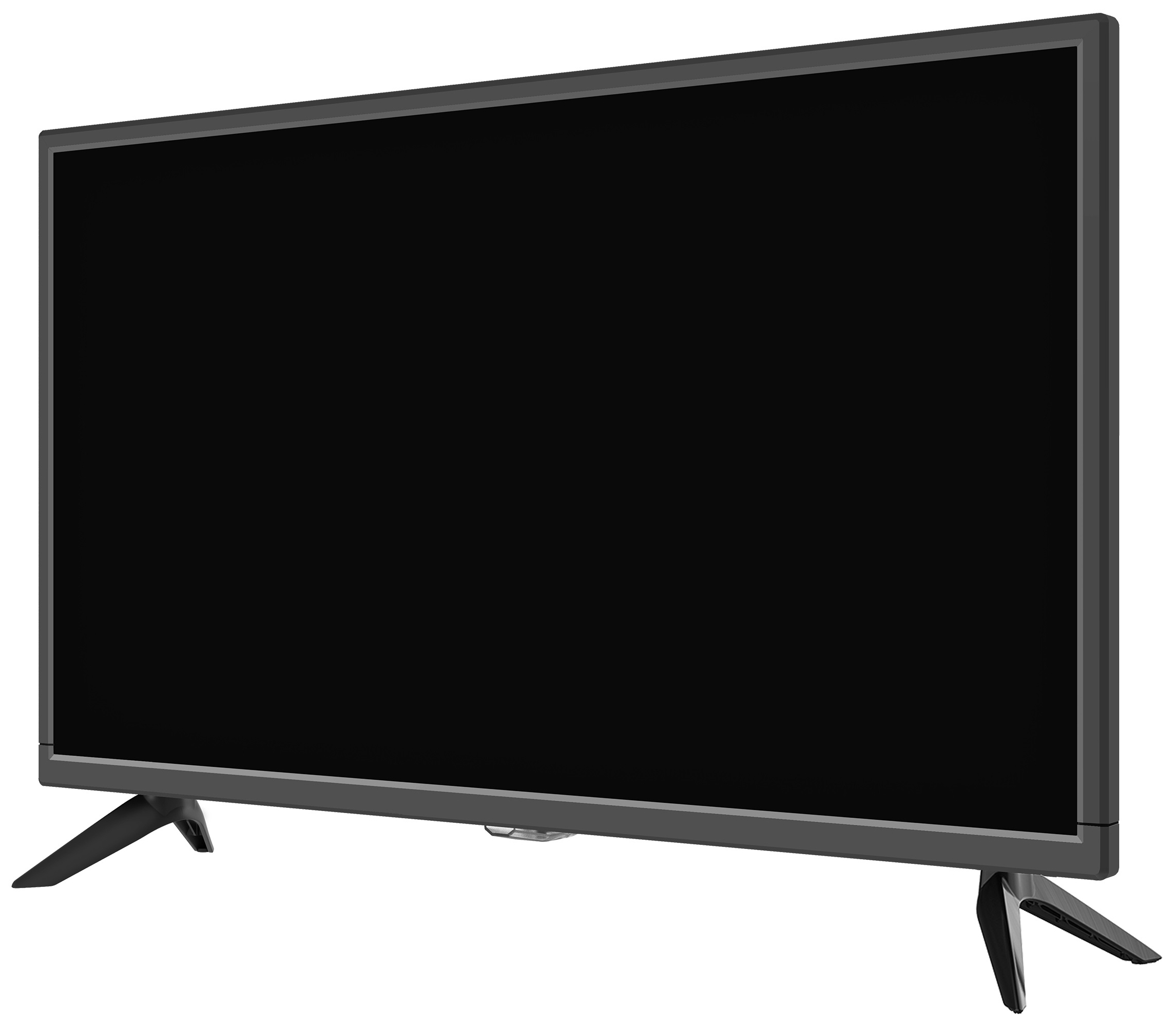 Flachbildfernseher auf zwei schwarzen Beinen, mit schwarzem Bildschirm.